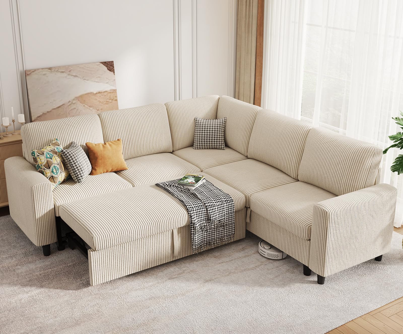 KKL Sleeper Sofa Pull Out Couch Bed for Living Room, Corduroy L Shaped Modular Sectional Couches with Storage, Convertible Sleeper Sofa with Pullout Bed, Beige