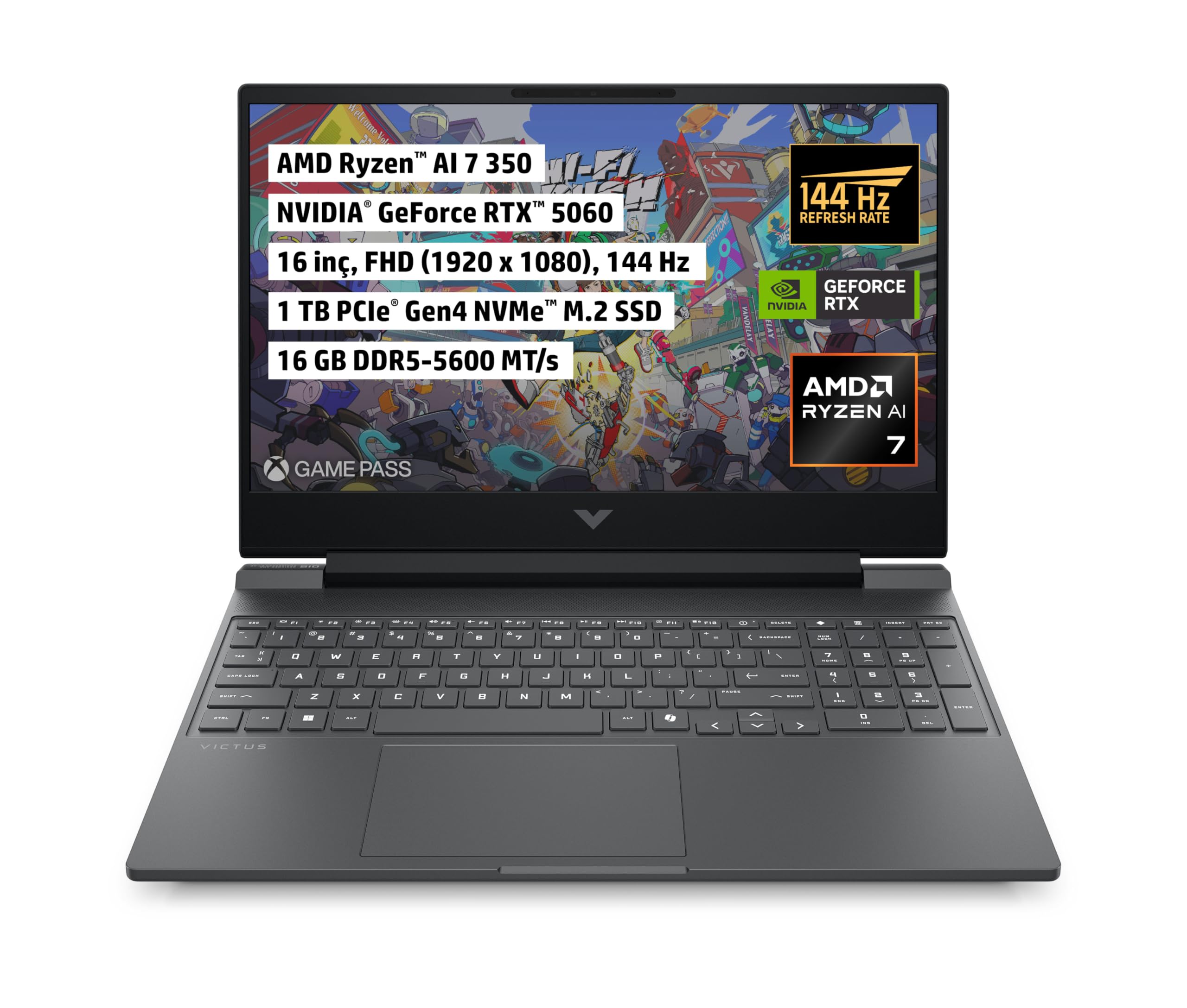 HP Victus | NVIDIA GeForce RTX™ 5060 8GB | AMD Ryzen™ AI 7 350 | 16 GB DDR5-5600 RAM | 1 TB PCIe® Gen4 NVMe™ M.2 SSD | 16" FHD 144Hz Ekran | Free Dos | Oyun Bilgisayarı | C21PCEA
