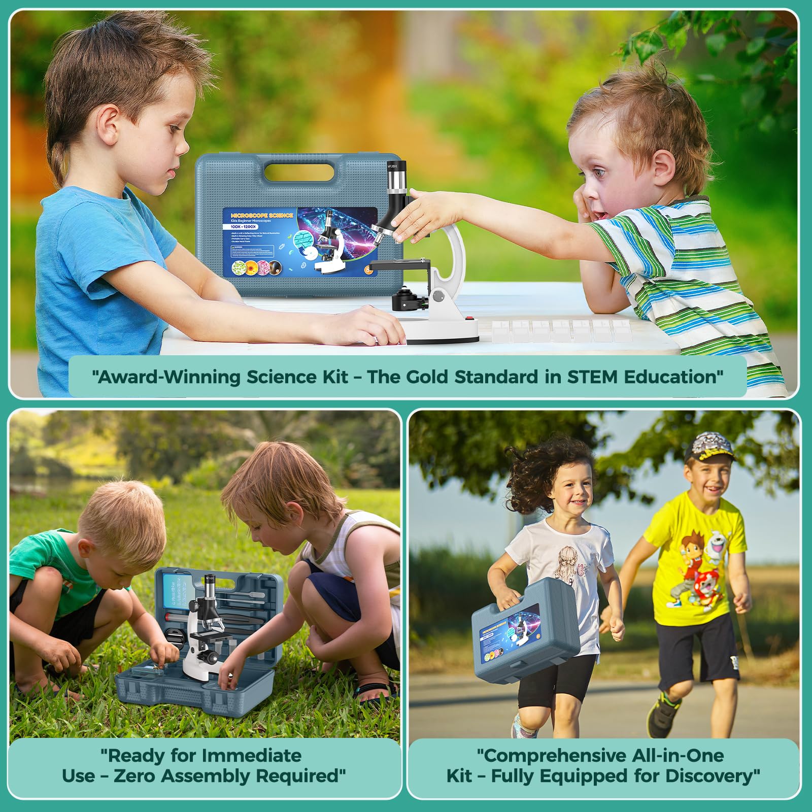 USCAMEL Microscopio Óptico 1200X para Niños - Kit Científico con Portaobjetos, Cuerpo Metal, LED y Maletín. Microscopio Compuesto Educativo - Regalo para Niños y Niñas
