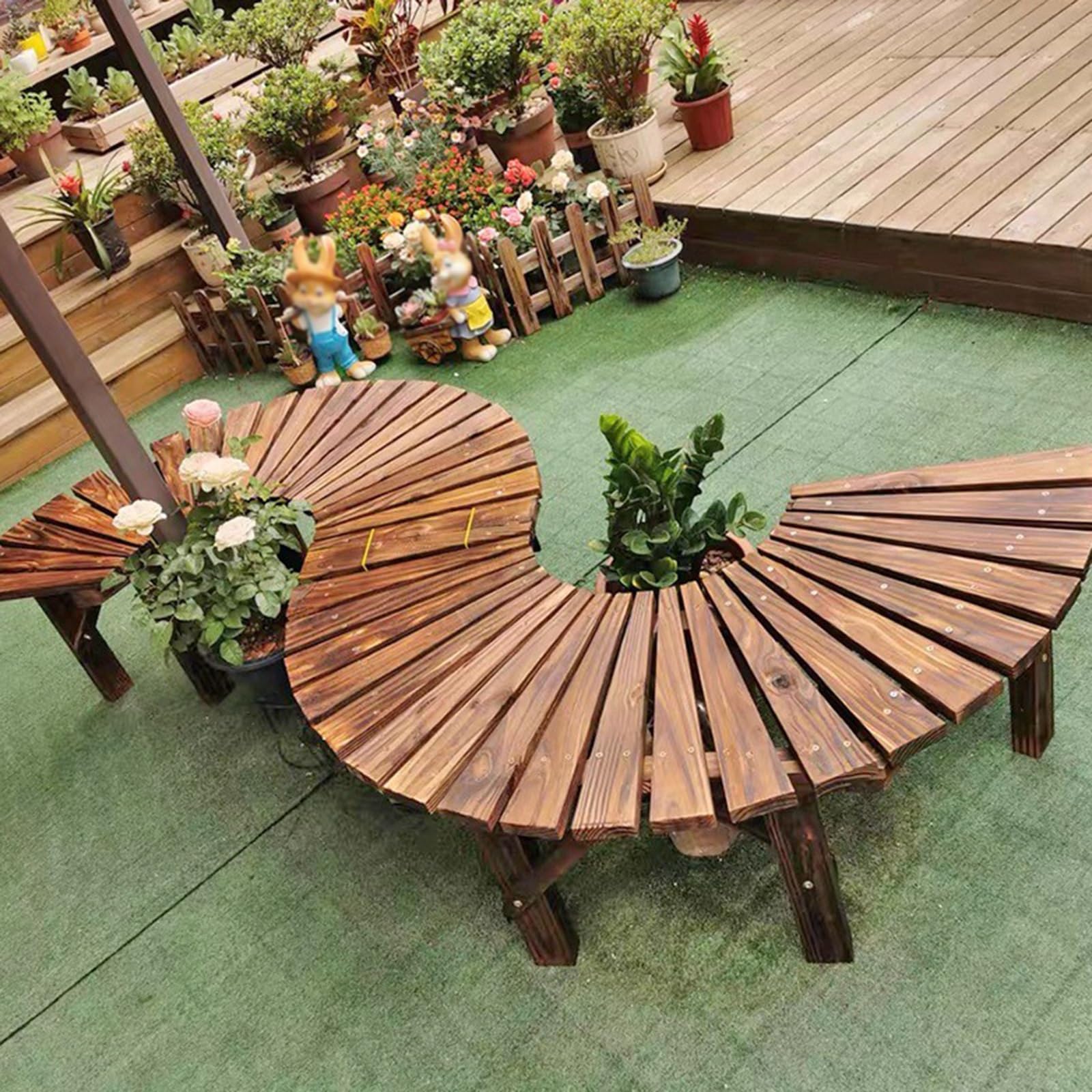 Panca da Portico Curva in Legno Senza Schienale per Esterni, In Stile Rustico, Per Patio, Giardino, Terrazza e Cortile