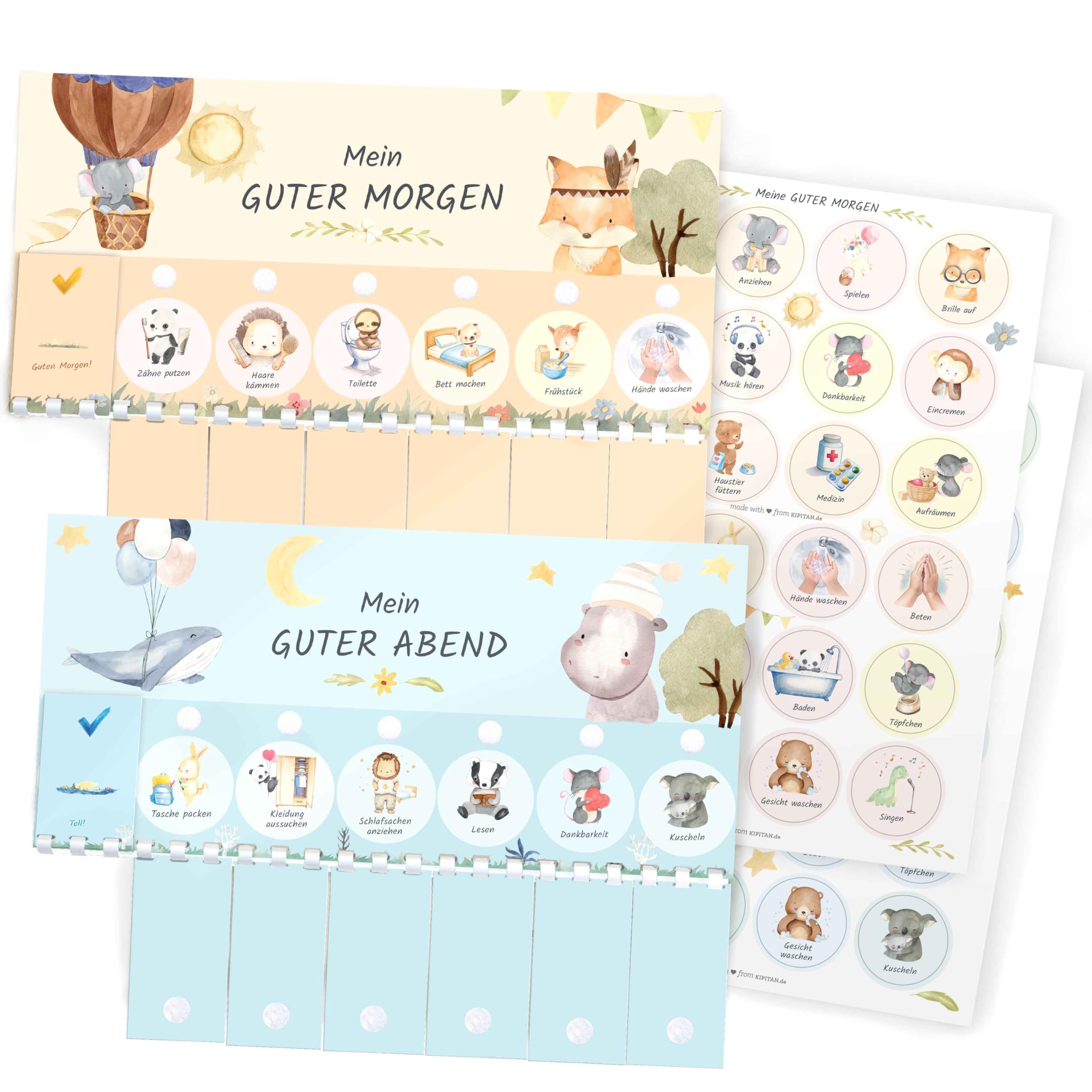 Morgenroutine & Abendroutine für Kinder - Routine Planer für Morgen und Abend: Tiere (DIN A4 Tagesplan mit Klappen, Handmade in Germany) Checkliste mit Klett Punkten zum umklappen