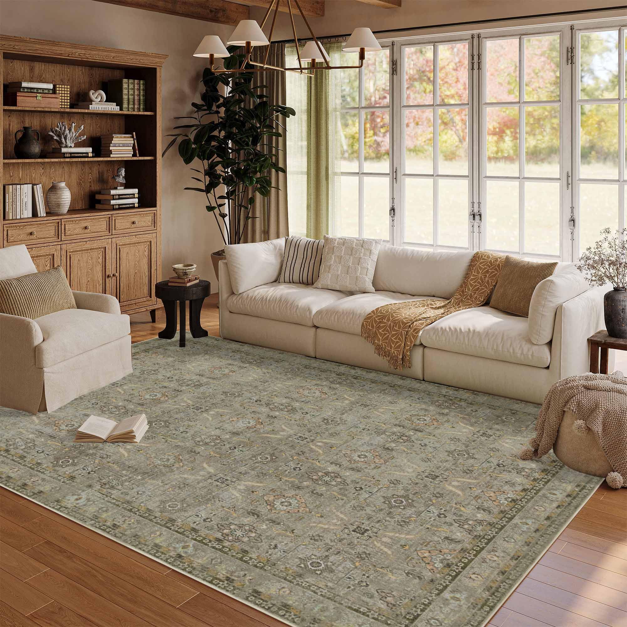 Rugxara 5x7 Area Rugs for Living Room Bedroom, Washable Rug, Vintage Floral Boho Rug, Non Slip & Low Pile Faux Wool Thin Carpet for Indoor Dining Room