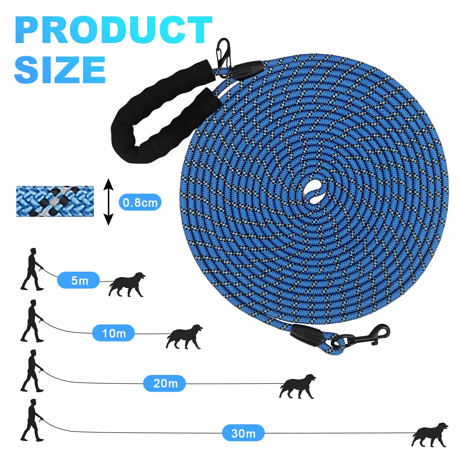 Guinzaglio per Cani Addestramento, 2m/3m/5m/10m/20m/30m Lungo Nylon Guinzaglio Cani Resistente Leggero con Impugnatura, Riflettente Lunghina Cane, Adatto per Tutti i Cani