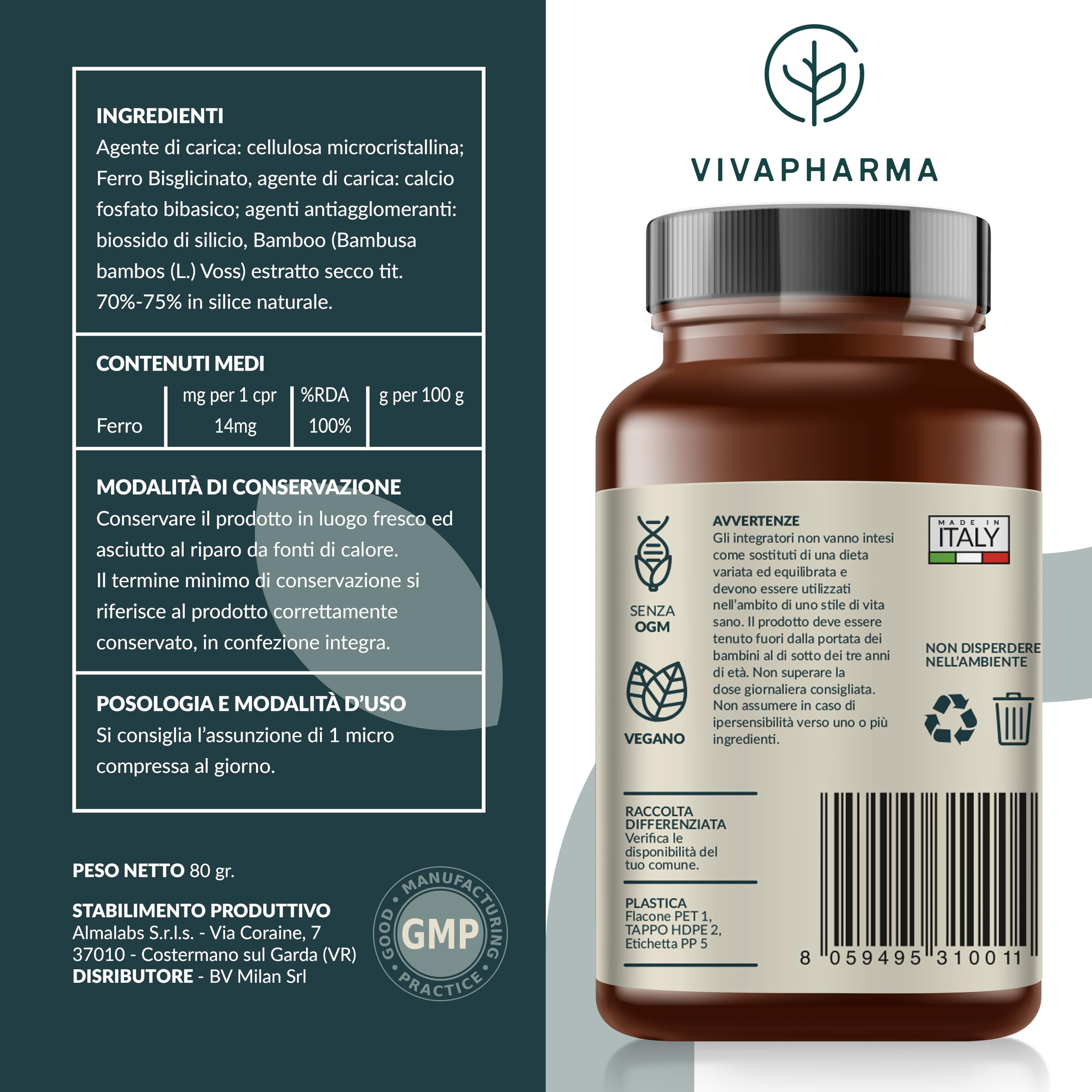 Integratore Ferro Bisglicinato per Donne e Uomini, 400 Micro Compresse Vegane 14mg per Compressa (12+ mesi) Contribuisce al Normale Metabolismo Energetico, Senza OGM e Magnesio Stearato, Made in Italy