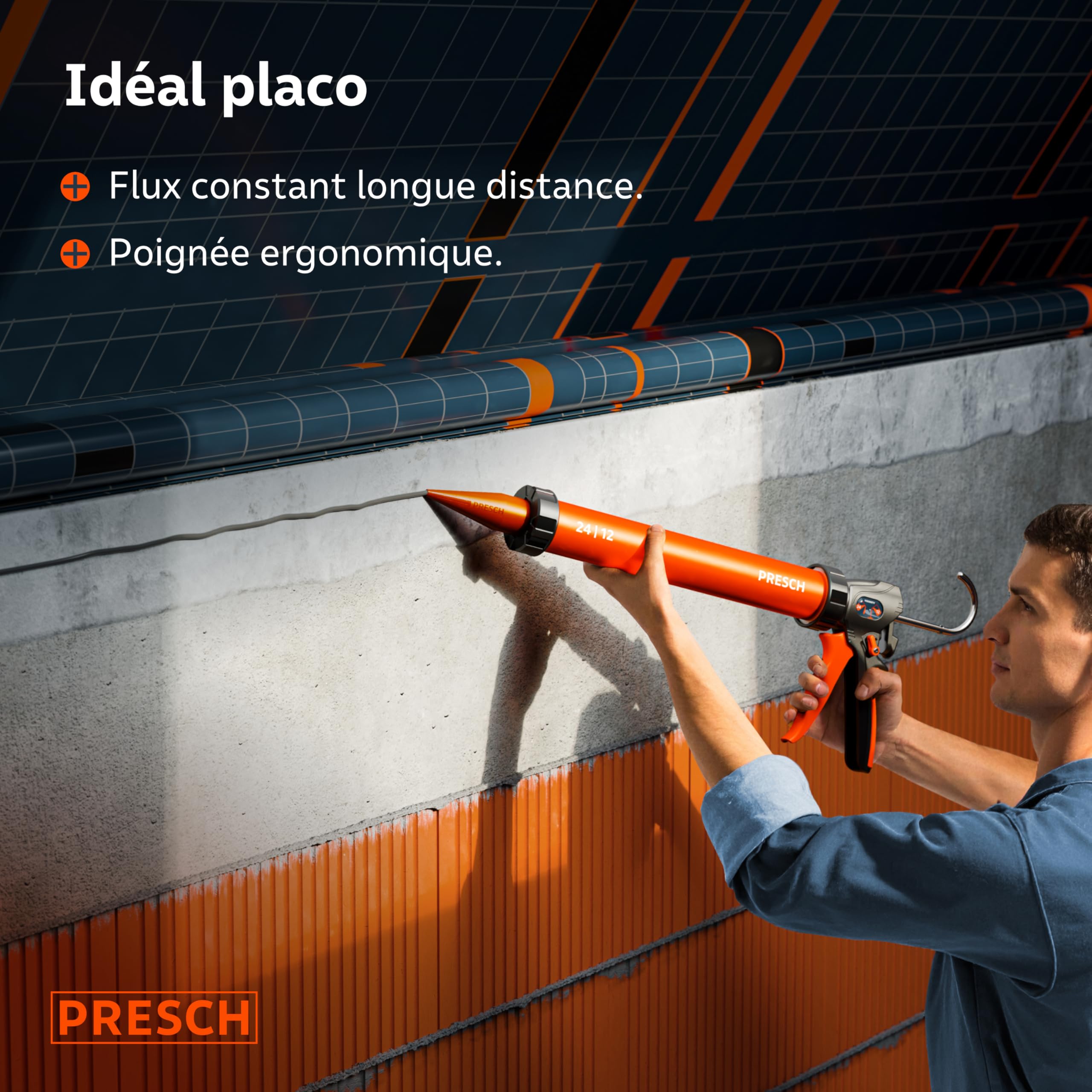 Presch Pistolet silicone 600ml incl. 2 embouts – Pistolet à calfeutrer commutable 24:1 & 12:1 pour tous mastics & adhésifs (acrylique, silicone & PU) – Seringue rotative 360° & poignée antidérapante