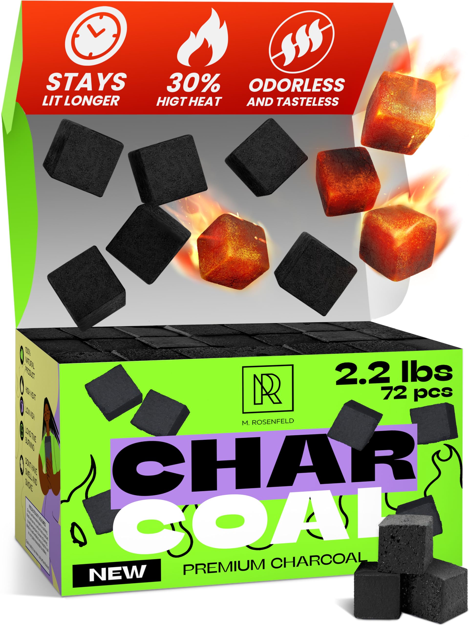 Premium Coconut Charcoal Cubes - Coconut Coals XL Pack of 72 Count 1 KG 2 2 lbs Premium