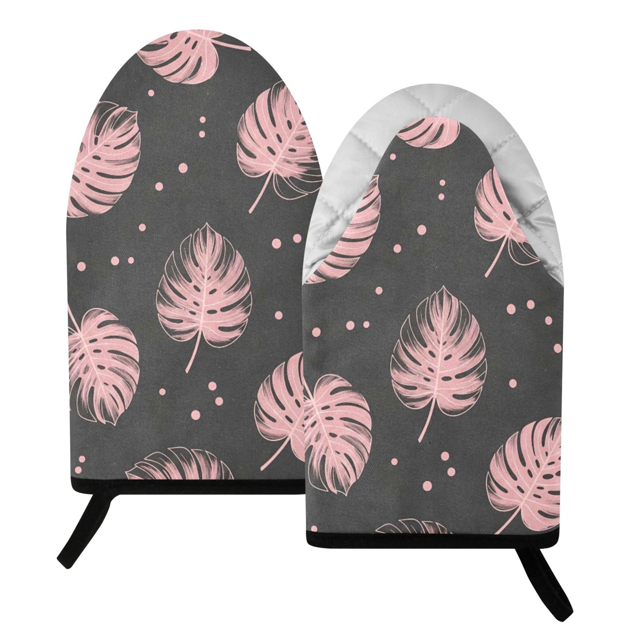 Fuauuyl Oven Mitts Heat Resistant Kitchen Gloves, Monstera Leaves Pink Classic Oven Gloves with Hanging Loop for Baking BBQ Cooking Grilling, 1 Pair, 9.5 in