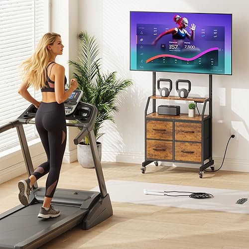 Miniatura 9 de Soporte de TV rodante con soporte y 4 cajones de tela, soporte de TV con ruedas para TV de 32 a 75 pulgadas, centro de entretenimiento y mesa