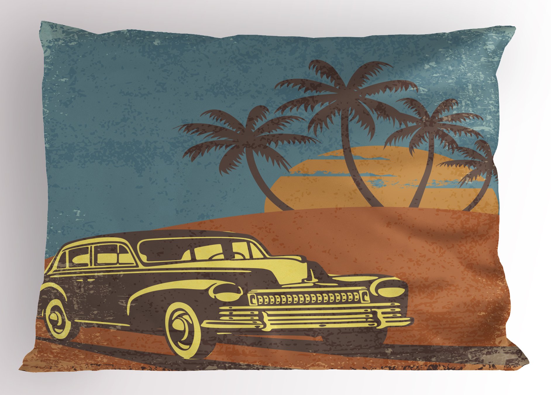 Ambesonne Cars Pillow Sham, Vintage Car on The Beach with Palm Trees at Sunset Grunge Display, Decorative Standard King Size Printed Pillowcase, 36