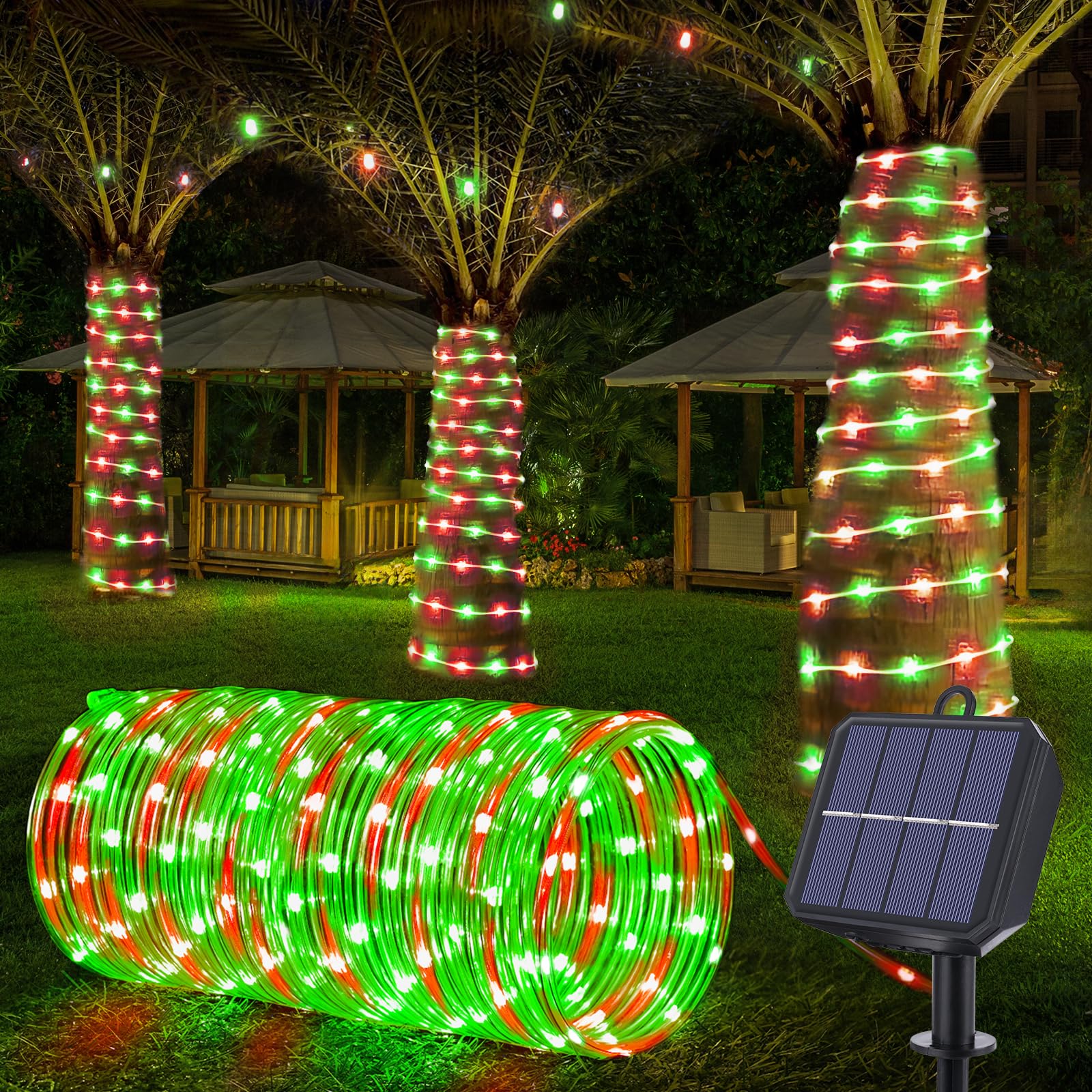 Solar Rope Lights, 33ft 100LED Solar String Lights, 8 Modes Waterproof Solar Powered Outdoor Light, Flexible Clear Tube Light for Garden Backyard Patio Deck Porch Pool Tree Christmas Decor- Red&Green