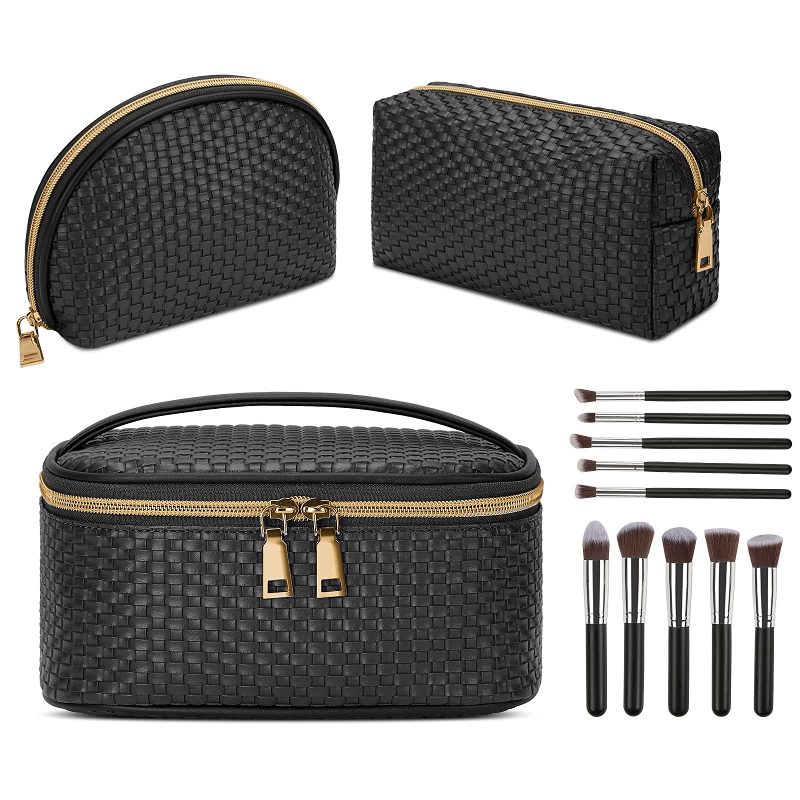 KTMOUW Makeup Bag 3 Pcs Waterproof Cosmetic Bag Set with 10 Makeup Brushes Portable Travel Cosmetic...