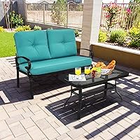 Vista 22 de Giantex Sofá biplaza de patio con mesa auxiliar, banco al aire libre con cojín y marco de metal, sofá biplaza para jardín, patio, patio o piscina