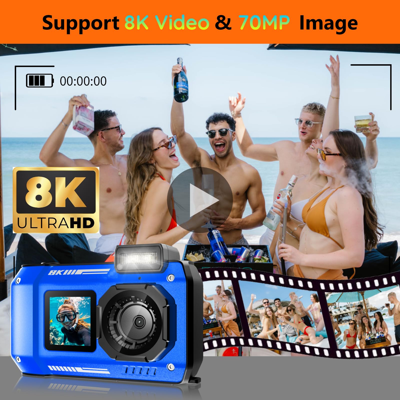 8K 70MP Macchina Fotografica Digitale - MaxMango 33FT Macchina Fotografica Subacquea, 64GB Fotocamera Digitale per Snorkeling, 18X Doppio Schermo Selfie Robusta Antipolvere Antiurto Autofocus