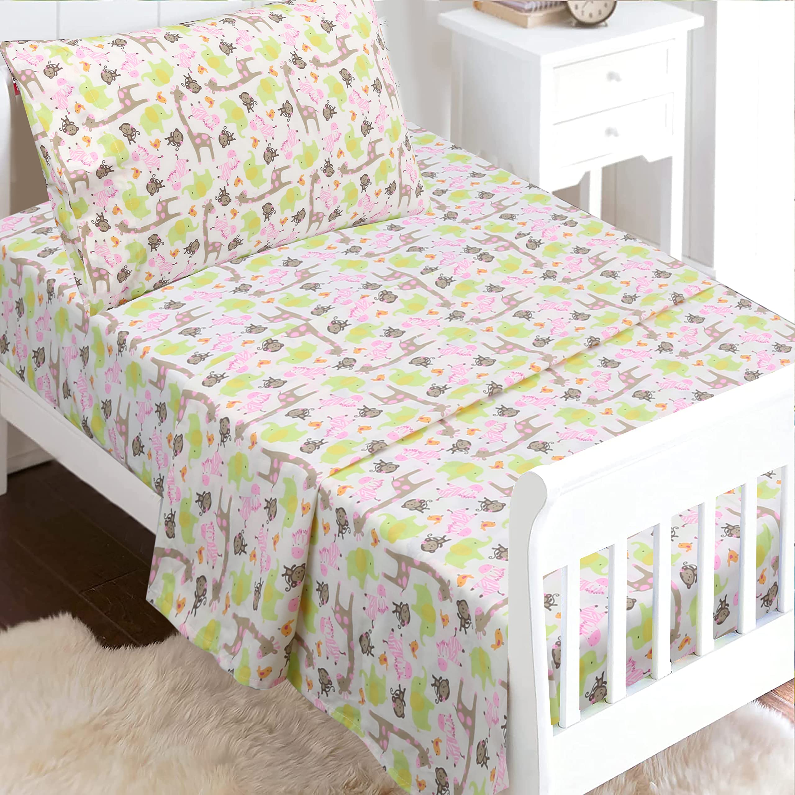 100 Cotton 3 Piece Toddler Sheet Set, Soft Breathable Crib Bedding Set for Girls Includes a Flat Sheet, a Fitted Sheet, a Pillowcase, Jungle Zoo Animal Friends Giraffe Monkey Elephant Zebra Bird Pink