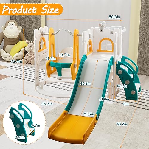 Miniatura 4 de Juego de tobogán y columpio 6 en 1 para niños pequeños, combo de tobogán y columpio con aro de baloncesto y telescopio, juego para niños pequeños