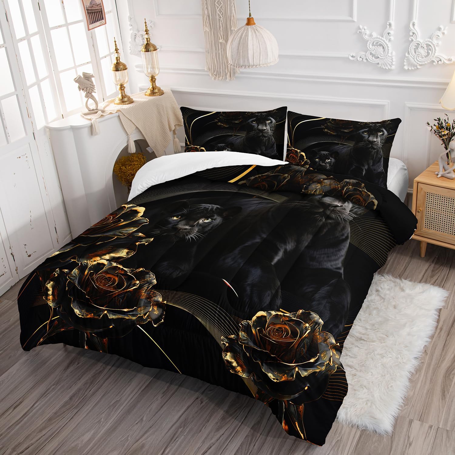 AILONEN Black Panther Comforter Set Twin Size, Golden Rose Pattern Bedding Set for Kids Teens Adults,Leopard Mom and Child Duvet Set for Bedroom Decor,3Pcs,1 Quilt and 2 Pillowcases,Breathable - Image 2