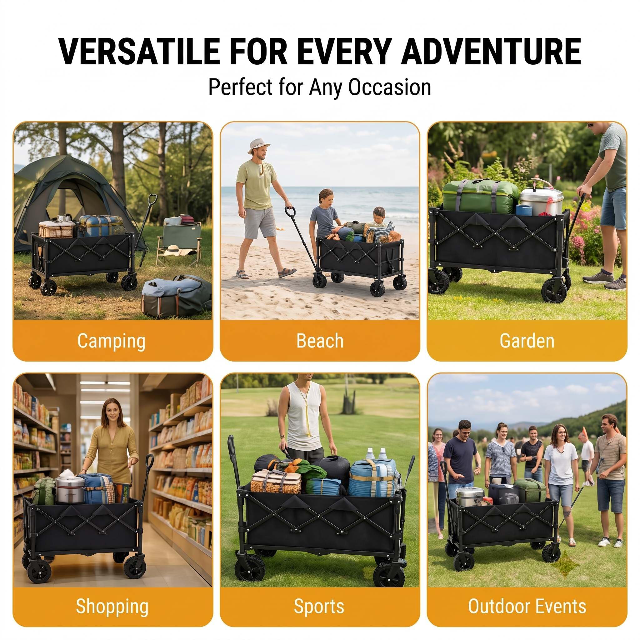 Chariot de transport pliable avec roues tout-terrain et poignée | Chariot d'extérieur robuste avec tissu Oxford, idéal pour le camping, la plage, le jardinage et les courses