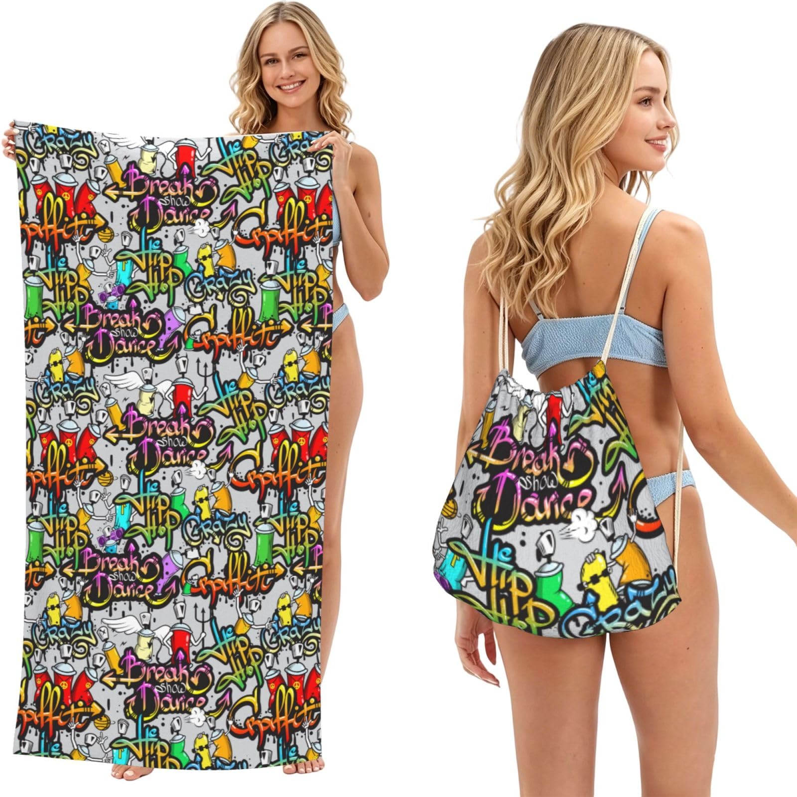 Noble Ren Street Energetic Hip-Hop Graffiti 2 In 1 Packable Towel Bag Beach Backpack Unisex Suitable For Travel Picnic Vacation And Camping