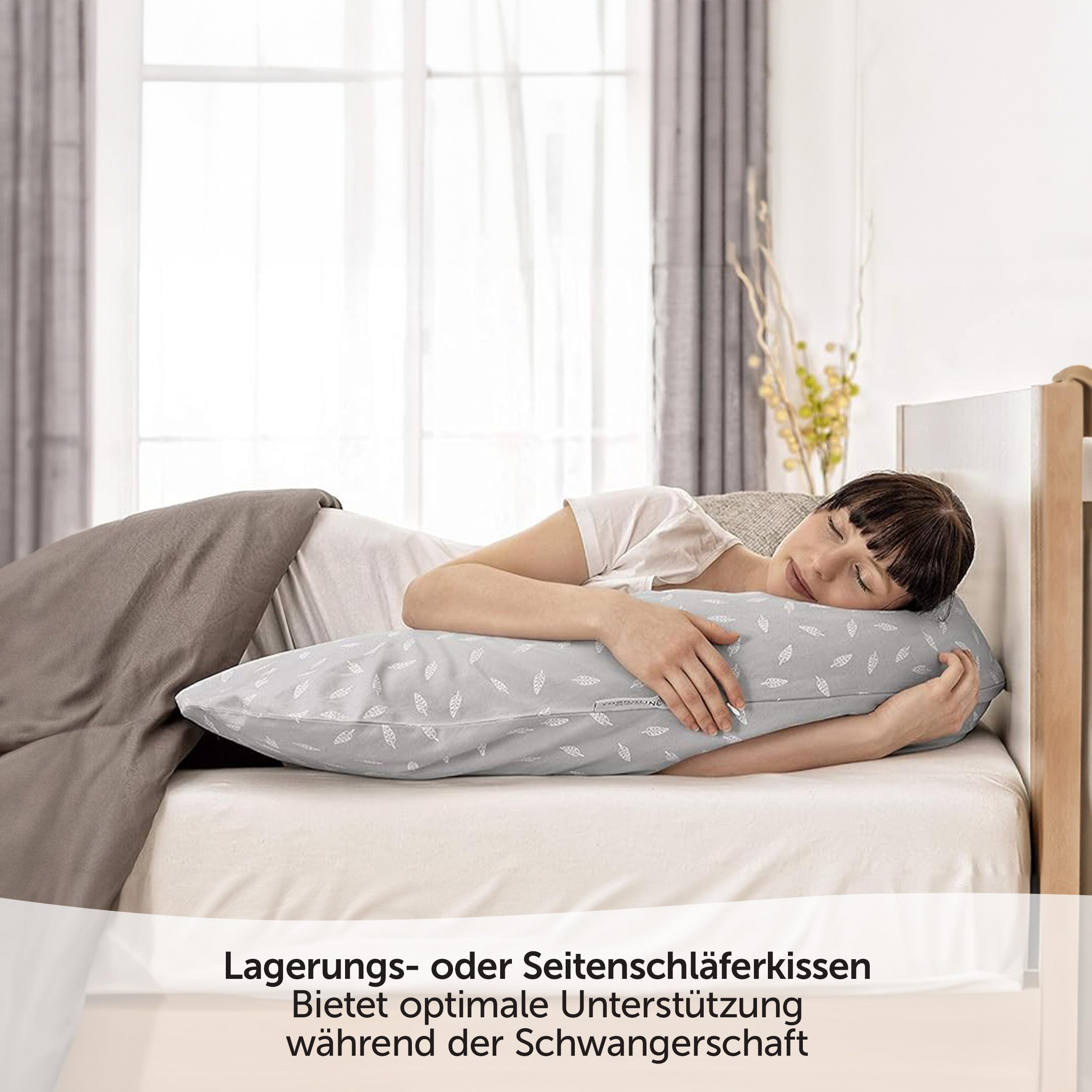 Theraline Das Original Stillkissen & Schwangerschaftskissen - 190cm inkl. Bezug aus 100% Baumwolle - Füllung aus leisen EPS-Perlen - Lagerungskissen, schadstoffgeprüft - Blätter Grau Weiß