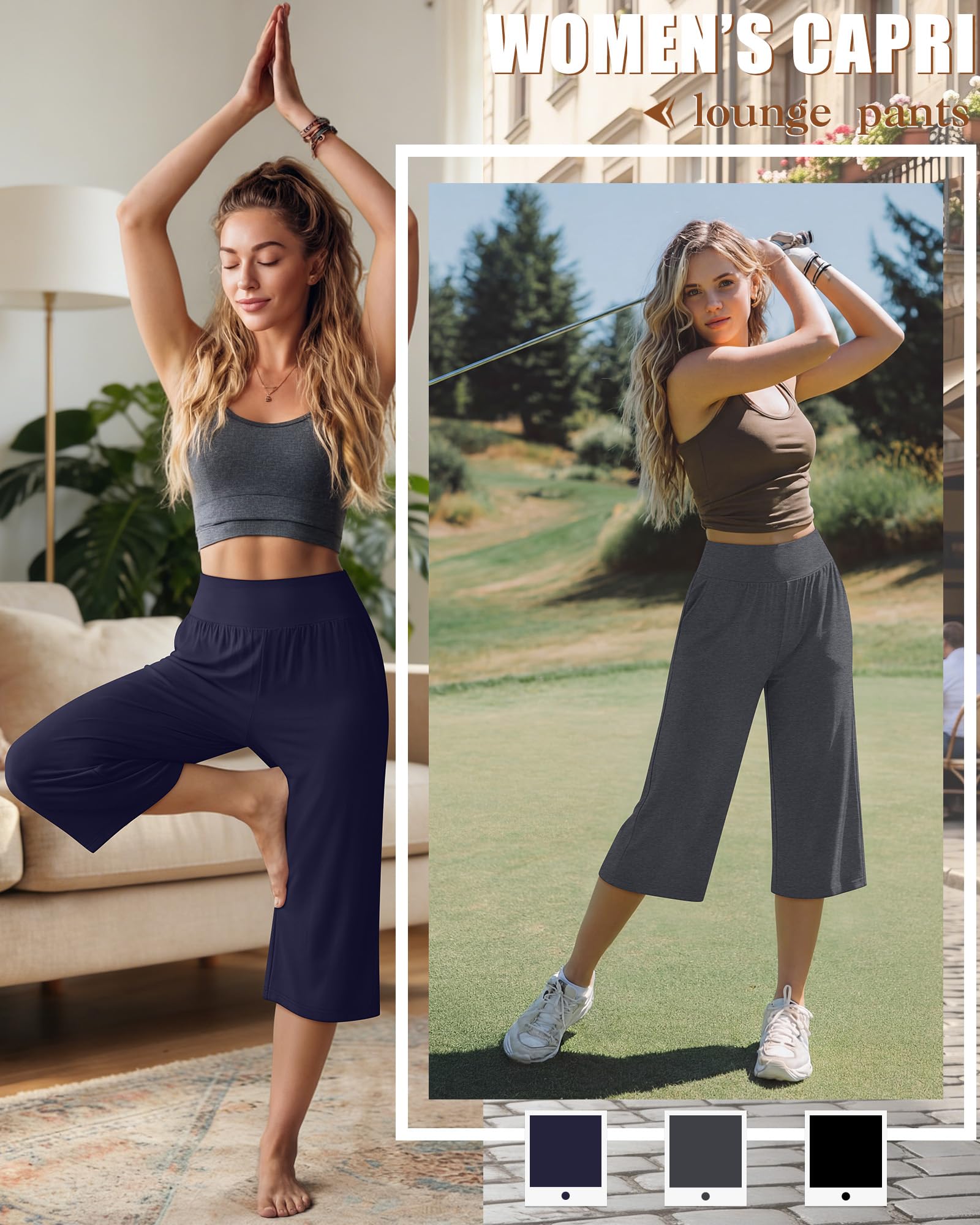 Neer Lot de 3 Pantalons Capri pour Femme - Jambes Larges - Taille Haute - Pantalon Court de Loisirs avec Poche