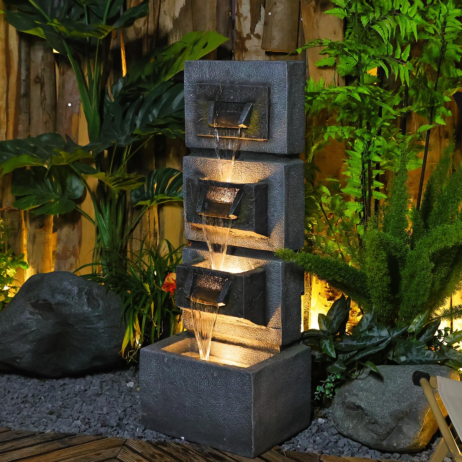 SERBILHOME 4-Tier Resin Waterfall Fountain Outdoor 34.84β Indoor Water Fountain Outdoor with Led Lights for Modern Floor-Standing Cascading Water Feature Garden, Home Art Decor