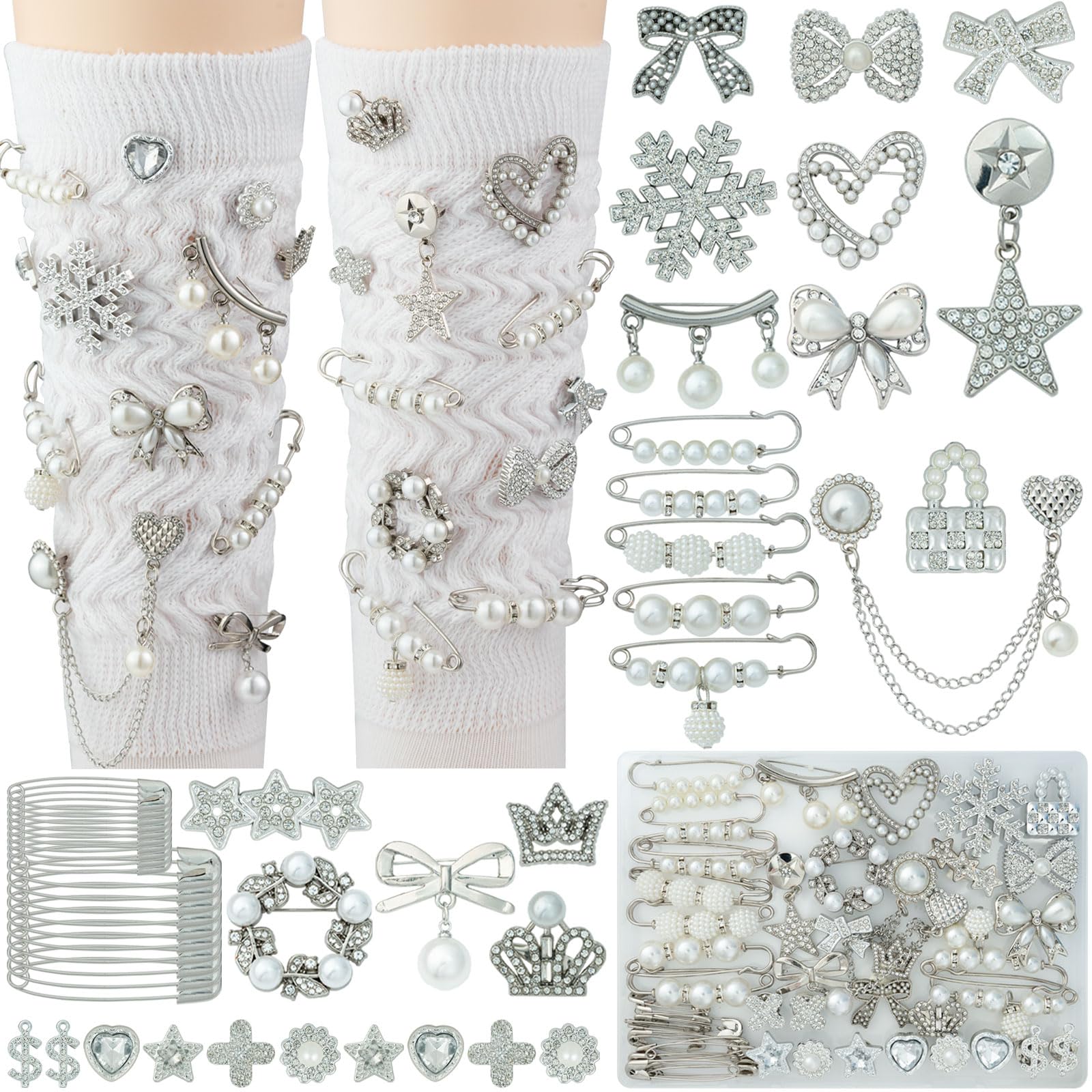 55 Pcs Silver Shoe Charms for Sneakers, Silver Junk Socks Charms Kit, Pearl and Rhineston…