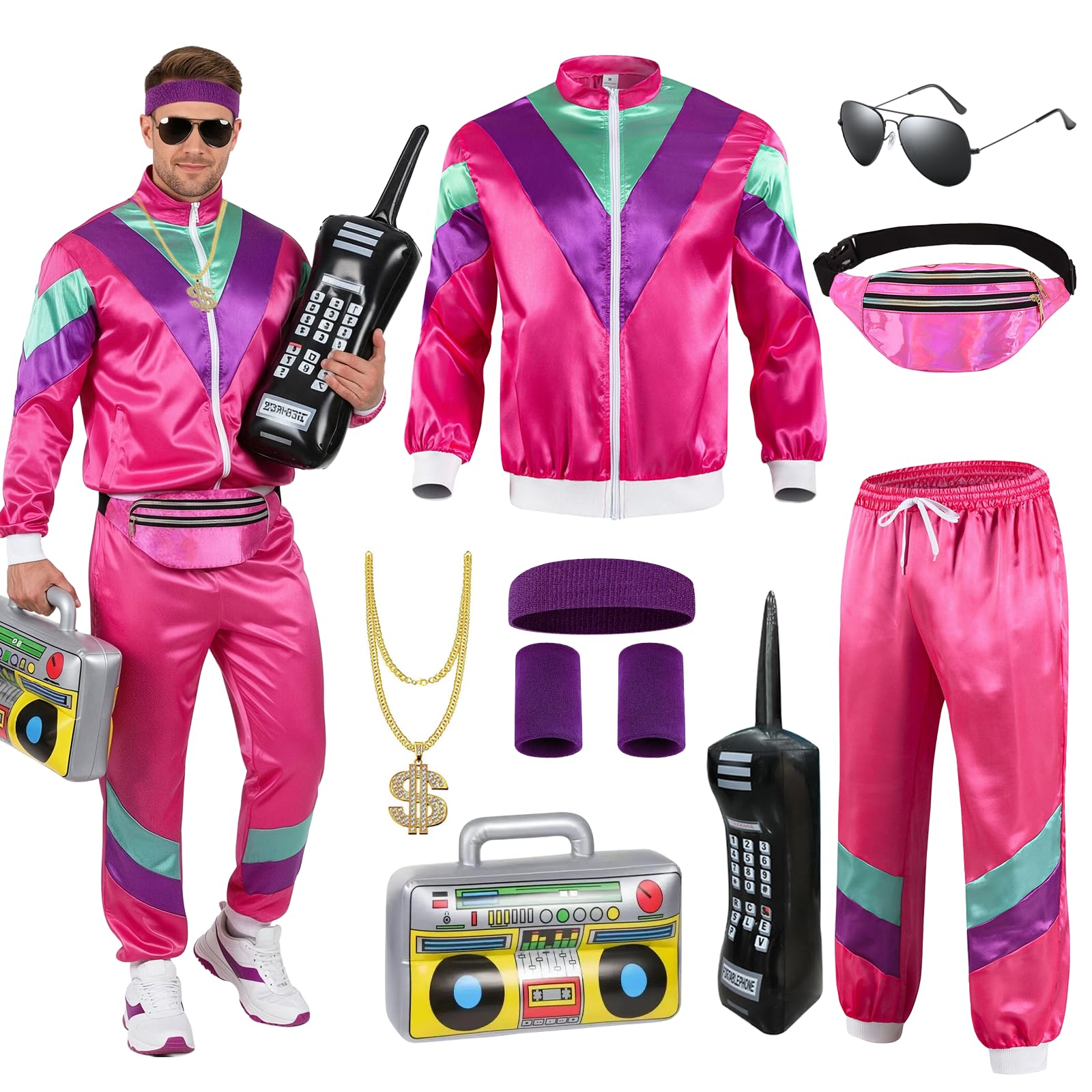 Xerteam 80s 90s Fancy Dress Men with Accessories, Retro 80s 90s Hip Hop Outfit for Adults, 80s Fancy Dress Set with 1 Sportswear Shirt Pant Hat Necklace Balloon Glasses (Rose Red, M)