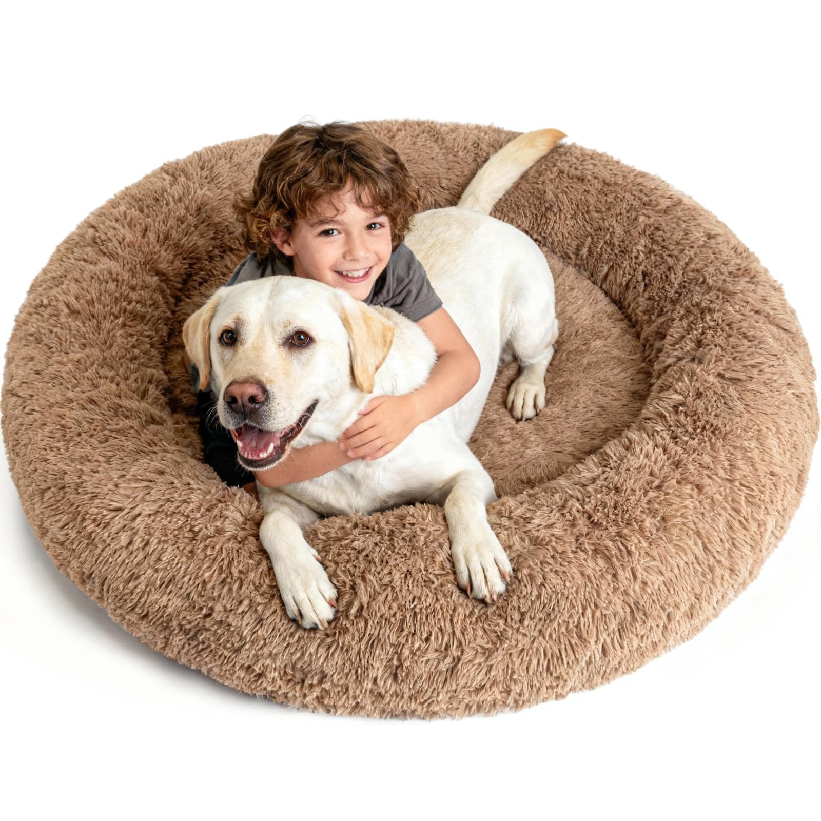 XXXL Orthopedic Dog Bed for Extra Large Dogs with Dount Plush Removable Cover Washable,Giant Circle Lounge Pet Bed Waterproof Foam Cuddler Cooling Gel Sofa for Anxiety Old Fluffy Friends Spine Camel