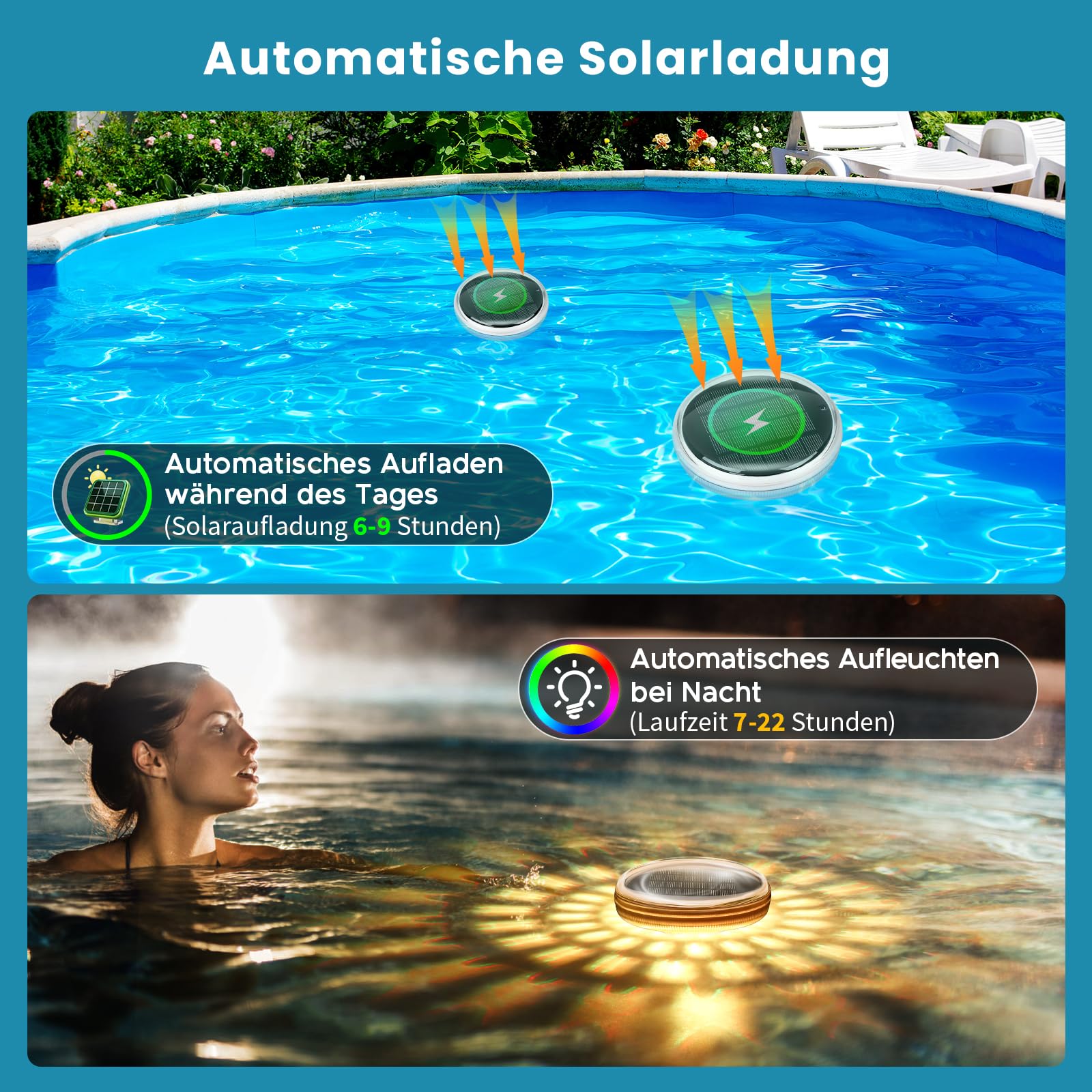 Poolbeleuchtung Unterwasser Solar, 2 Stück Schwimmende Poolbeleuchtung mit Fernbedienung, 12 Farbmodi, Timer, Wasserdicht Teichbeleuchtung Solar Pool Licht für Whirlpool, Schwimmbad, Badewanne Deko