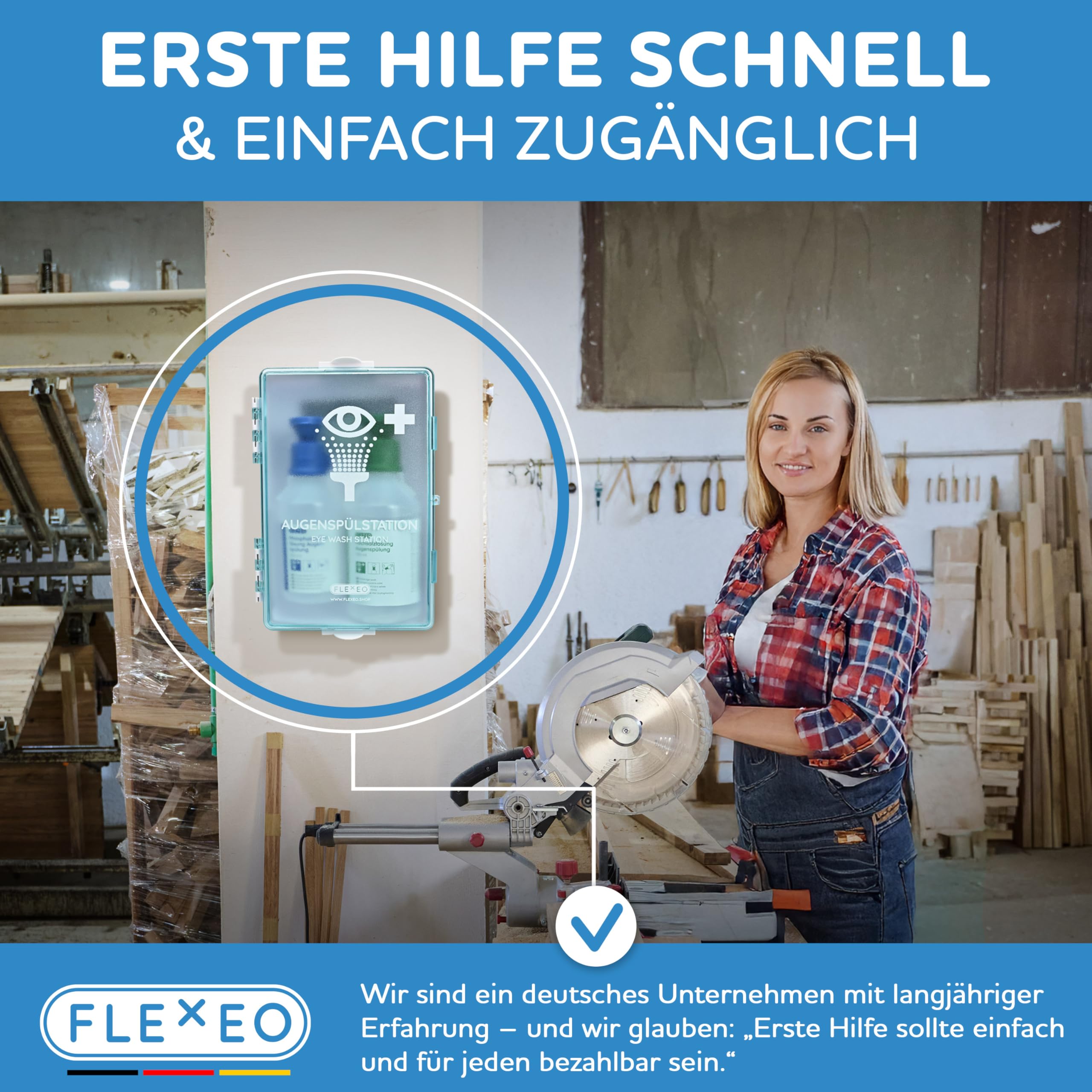 FLEXEO Stacja do płukania oczu w zestawie (1x 500 ml NaCl roztworu soli kuchennej + 1x 250 ml buforu fosforanowego) z uchwytem ściennym – płukanie oczu – prysznic oczu – sterylny NaCl roztwór do