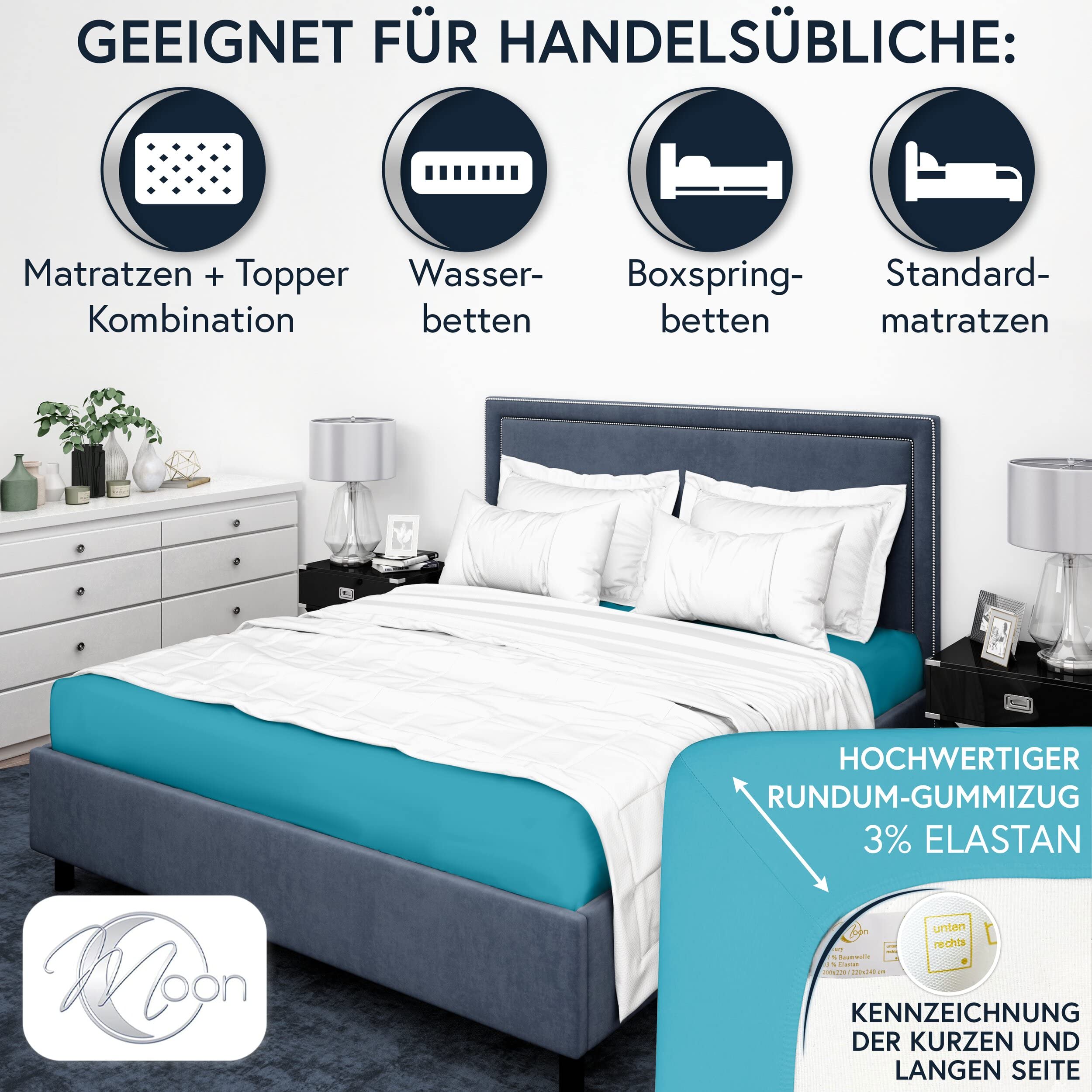 Moon - Luksusowe prześcieradło z gumką Jersey Stretch 230 g/m² do łóżek wodnych, łóżek kontynentalnych i tradycyjnych materacy (petrol, 200 x 220 – 220 x 240)