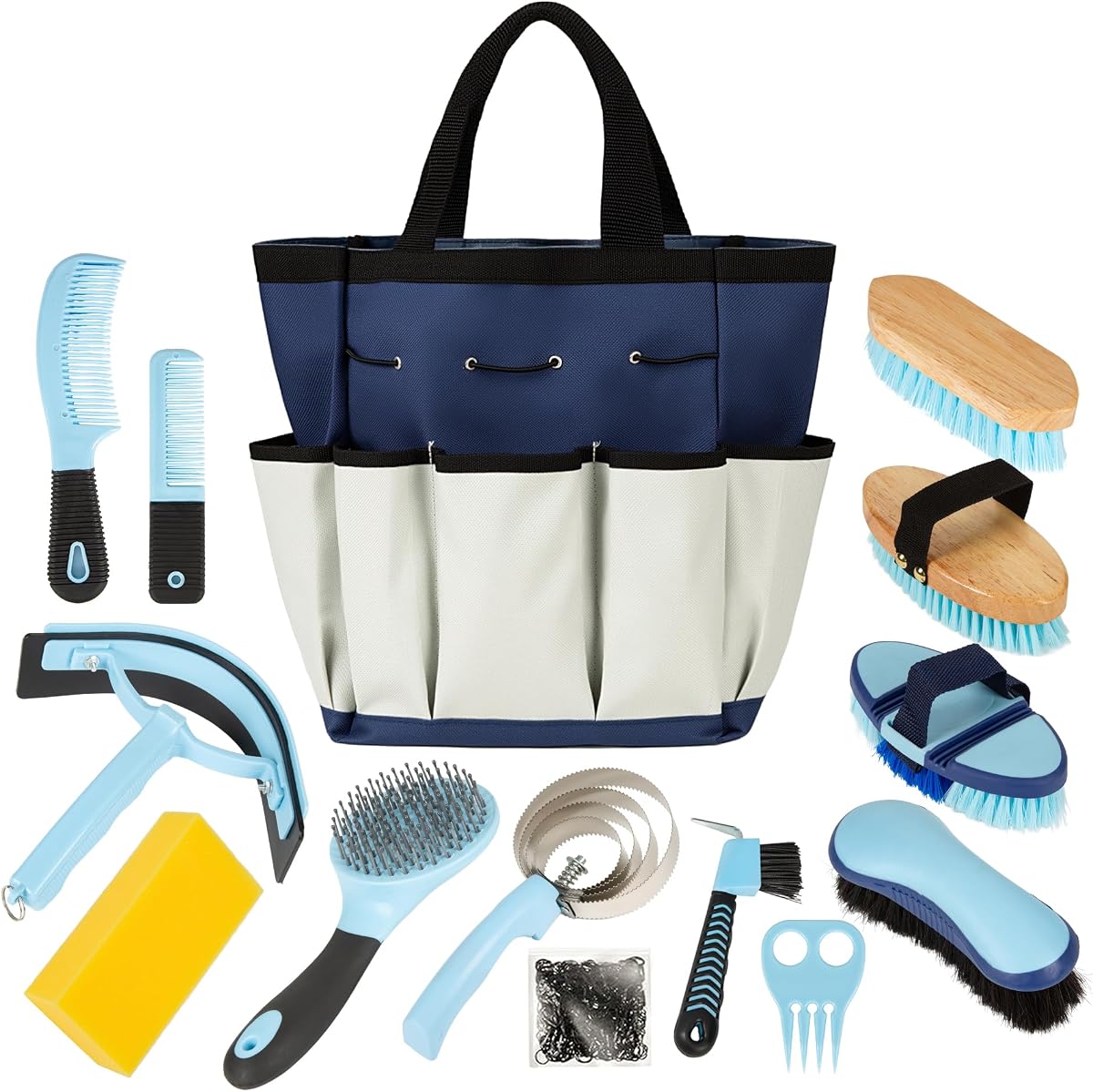 Kit de aseo para caballos, juego de suministros de cepillo profesional para caballos 14 en 1 para aseo y cuidado, con cepillos para caballos, peine de curry, pico para pezuñas y bolsa de almacenamiento impermeable para brillar, desenredar y masajear(azul)