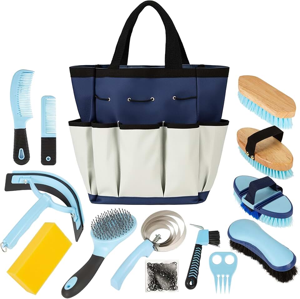 Horse Grooming Kit, 14-in-1 Professional Horse Brush Supplies Set for Grooming &amp; Care, with Horse Brushes, Curry Comb, Hoof Pick &amp; Waterproof Storage Tote Bag for Shining, Detangling, Massaging(Blue)