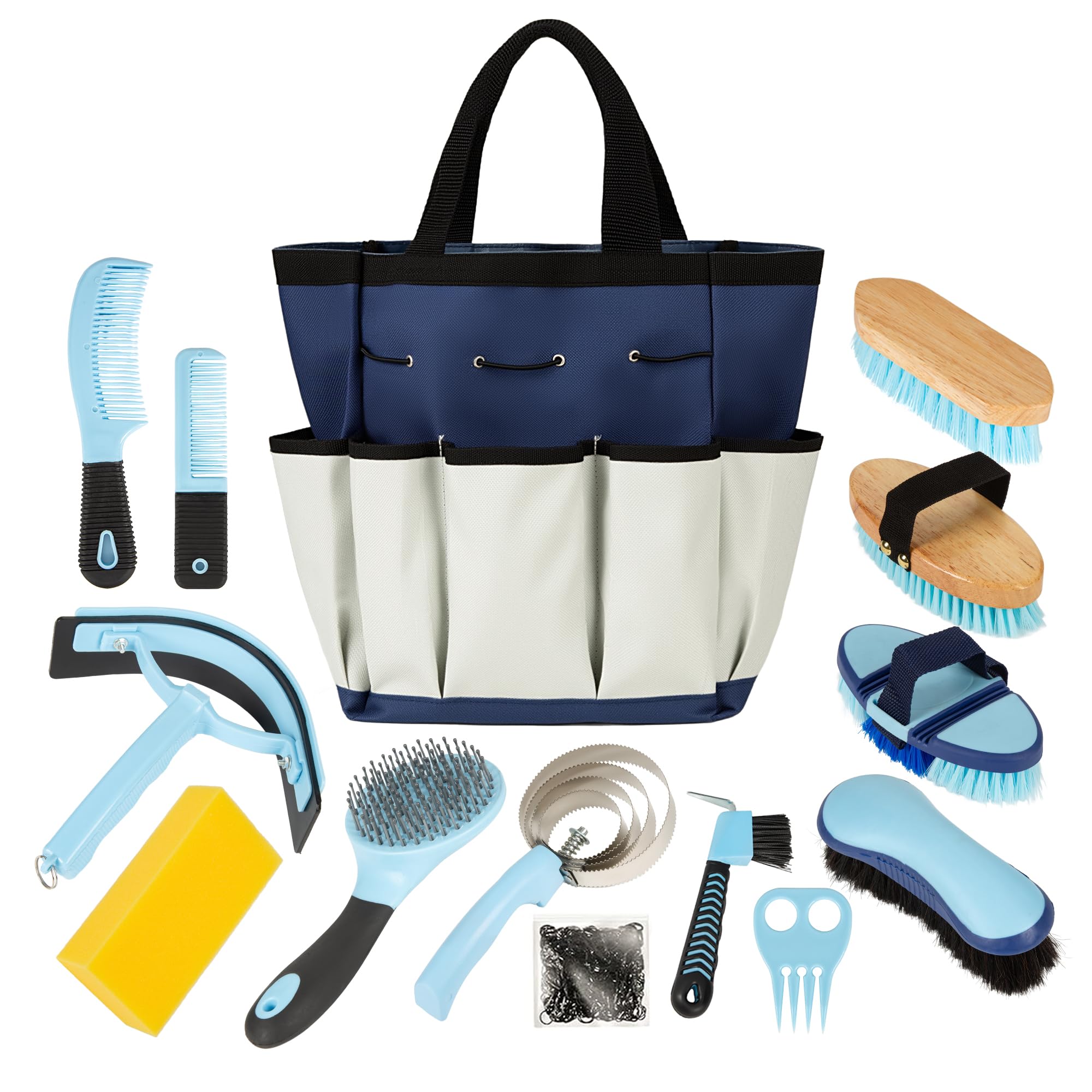 Horse Grooming Kit, 14-in-1 Professional Horse Brush Supplies Set for Grooming & Care, with Horse Brushes, Curry Comb, Hoof Pick & Waterproof Storage Tote Bag for Shining, Detangling, Massaging(Blue)