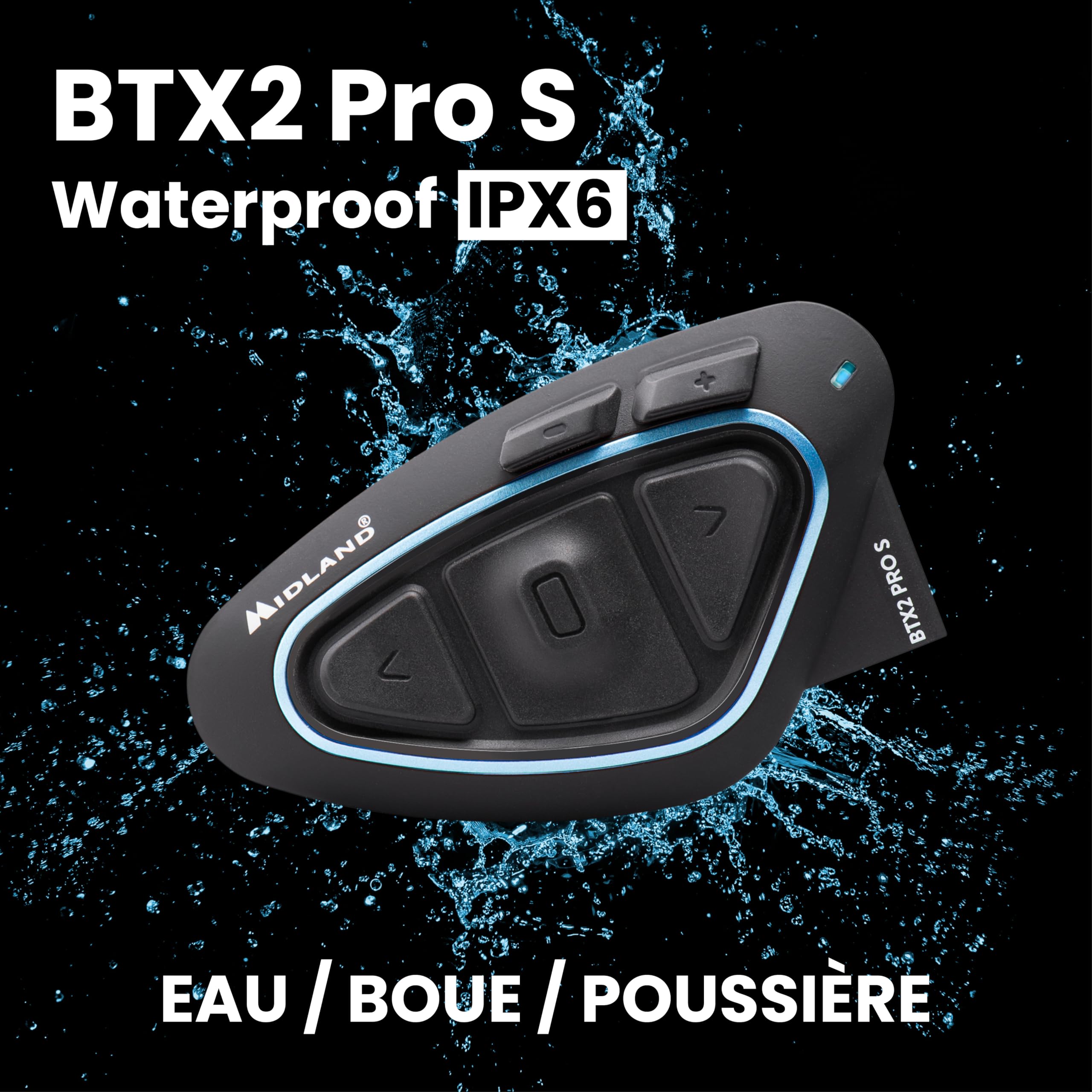 Midland - Intercom Moto BTX2 Pro S Solo Individuel Universal, Écouteurs Bluetooth sans Fil Casque Moto Étanche IPX6 avec Double Processeur BT, 800 m, 4 Couple, Batterie 23H, Anti Bruit et Audio Hi-FI