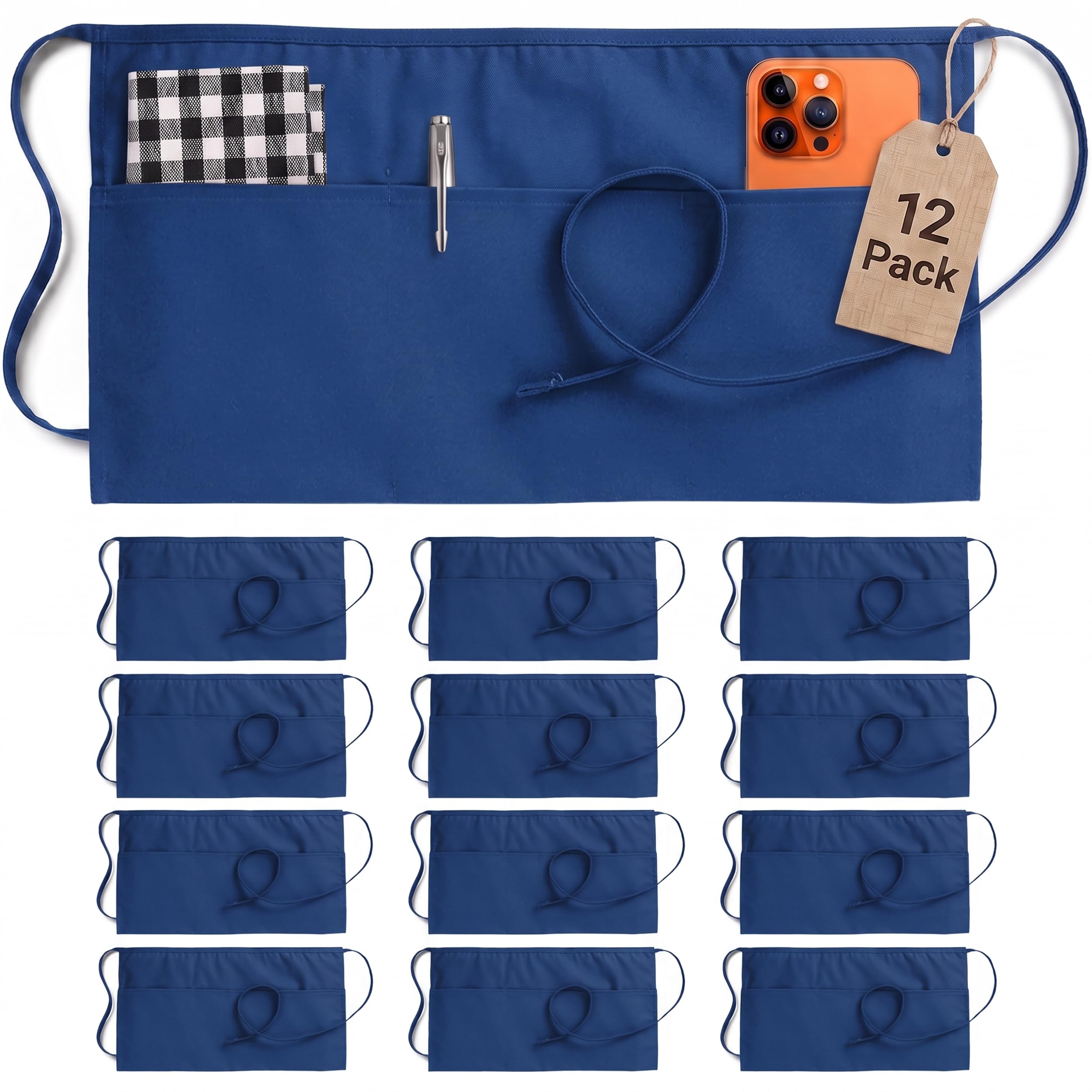 Utopia Wear Grembiule corto con 3 tasche [confezione da 12], grembiule corto da cameriera per donne e uomini, cucina, ristorante e artigianato