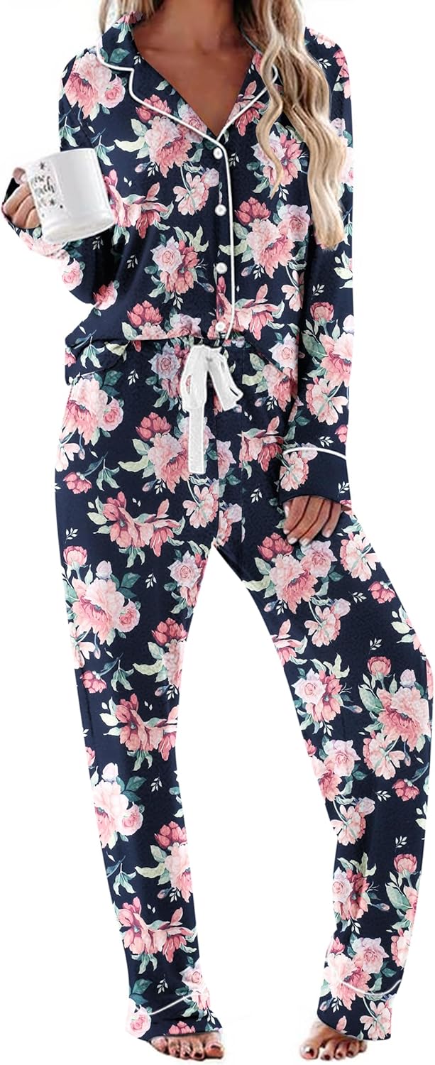 Ekouaer Women's Pajamas Long Sleeve Sleepwear Casual Button Down Loungewear Soft Pjs Set S-XXL Small Black Pink Floral