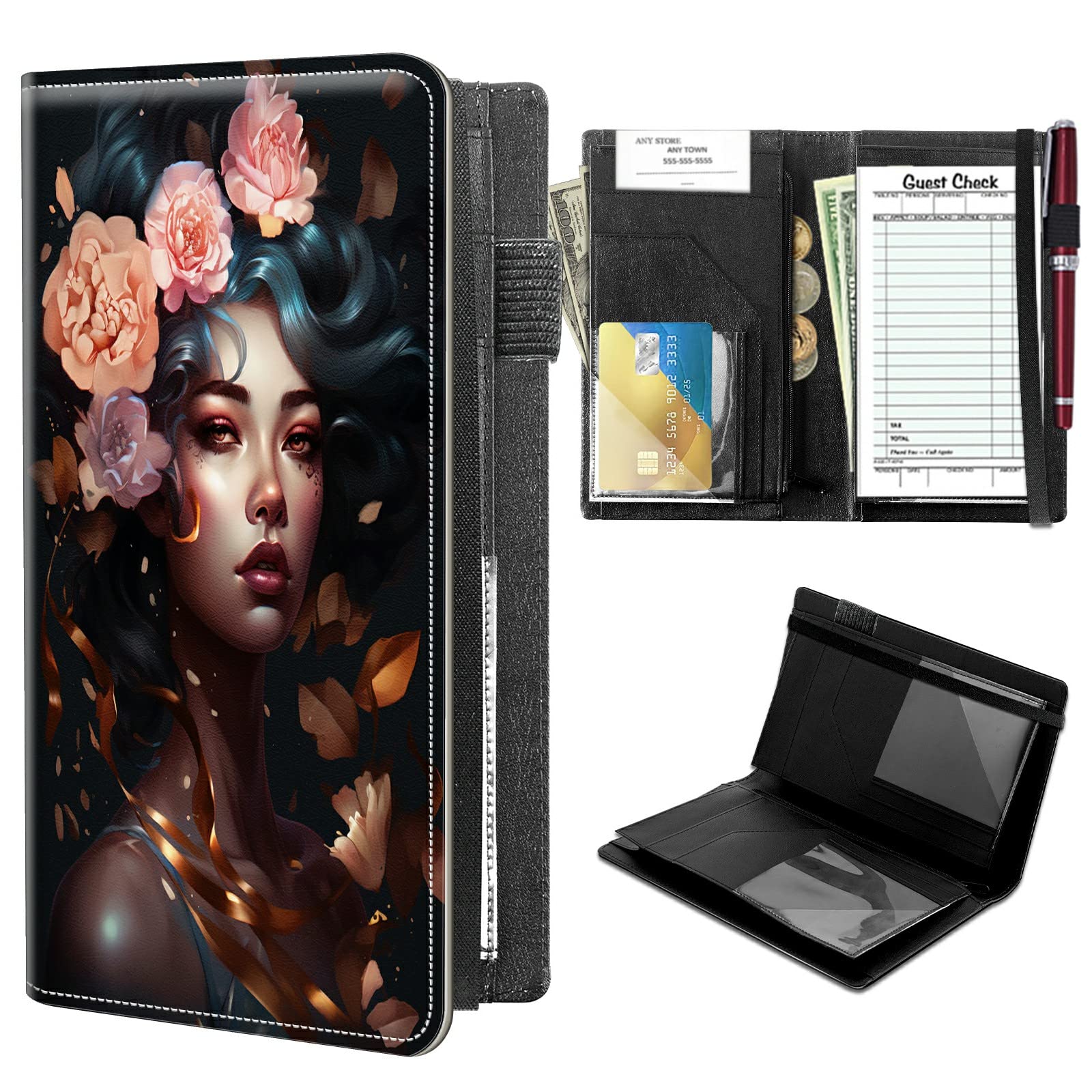 High Volume Server Books, Pretty Sugar Girl Server Book w/ 2 Expandable Pockets 9 x 5 Cute Waitress Book Zipper Pocket & Strap Closure Waitstaff Organizer Server Booklet Waiter Money Wallet