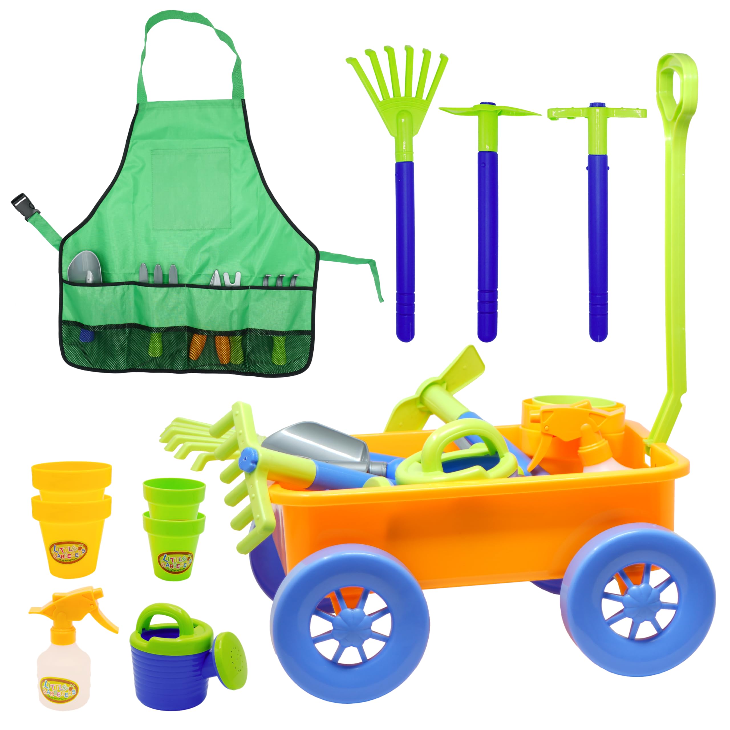 4E's Novelty 15 Piece Gardening Tools & Wagon Toy Set with Plastic Wheelbarrow, Apron, STEM Pretend Play Outdoor Toy for Toddlers Kids Boys Girls