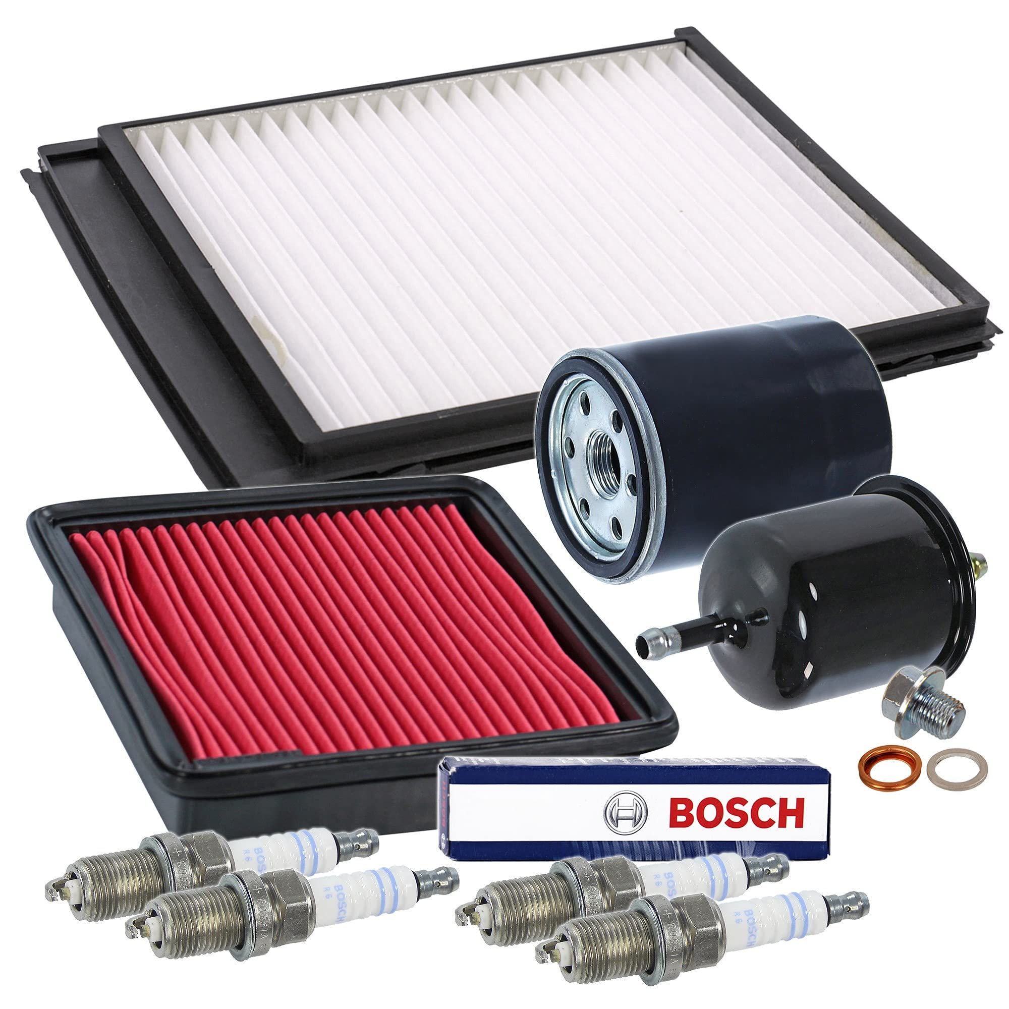 BESTPRICE Paquete de inspecci—n juego de filtros con 1x filtro de aceite,filtro de aire,de habit‡culo,de combustible,4x buj’as,tap—n de vaciado de aceite compatible con NISSAN MICRA II (K11)