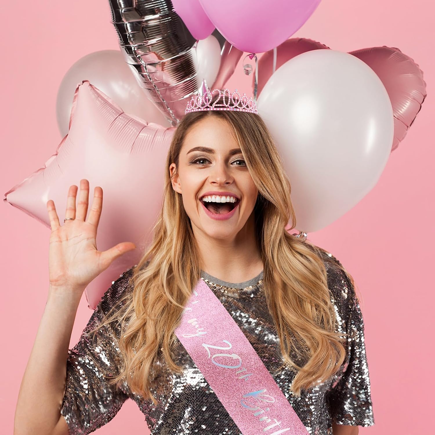 Aprince 20th Pink Birthday Decorations for Her Birthday Sash and Tiara Crown 20 Year Old Gifts Happy 20 Headband Party Favors Supplies image 2