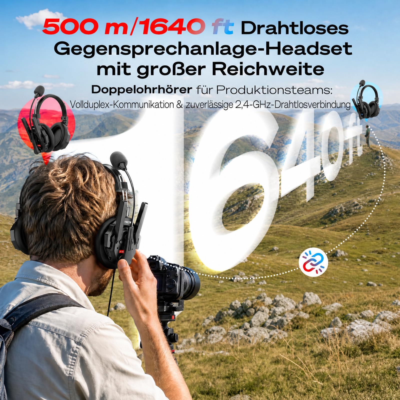 SYNCO XTALK XMax2 Wireless Intercom Headset für Film & Teamwork (2PCS) | 500m/1640ft Reichweite, 2.4GHz Full-Duplex, AEC Rauschunterdrückung, 3.5mm Monitor, 24h Akku, für Baustellen, Interviews