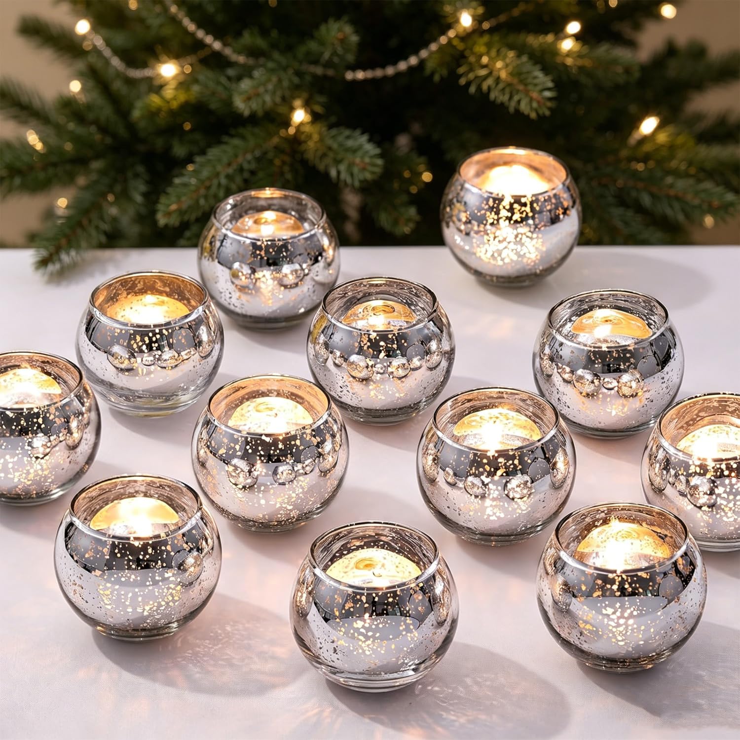 12pcs Tea Light Candle Holders, Votive Candle Holders, Decorative Mercury Glass Tealight Holders for Wedding, Christmas, Party, Anniversary, Holiday, Home Table Centerpieces (12, Silver)