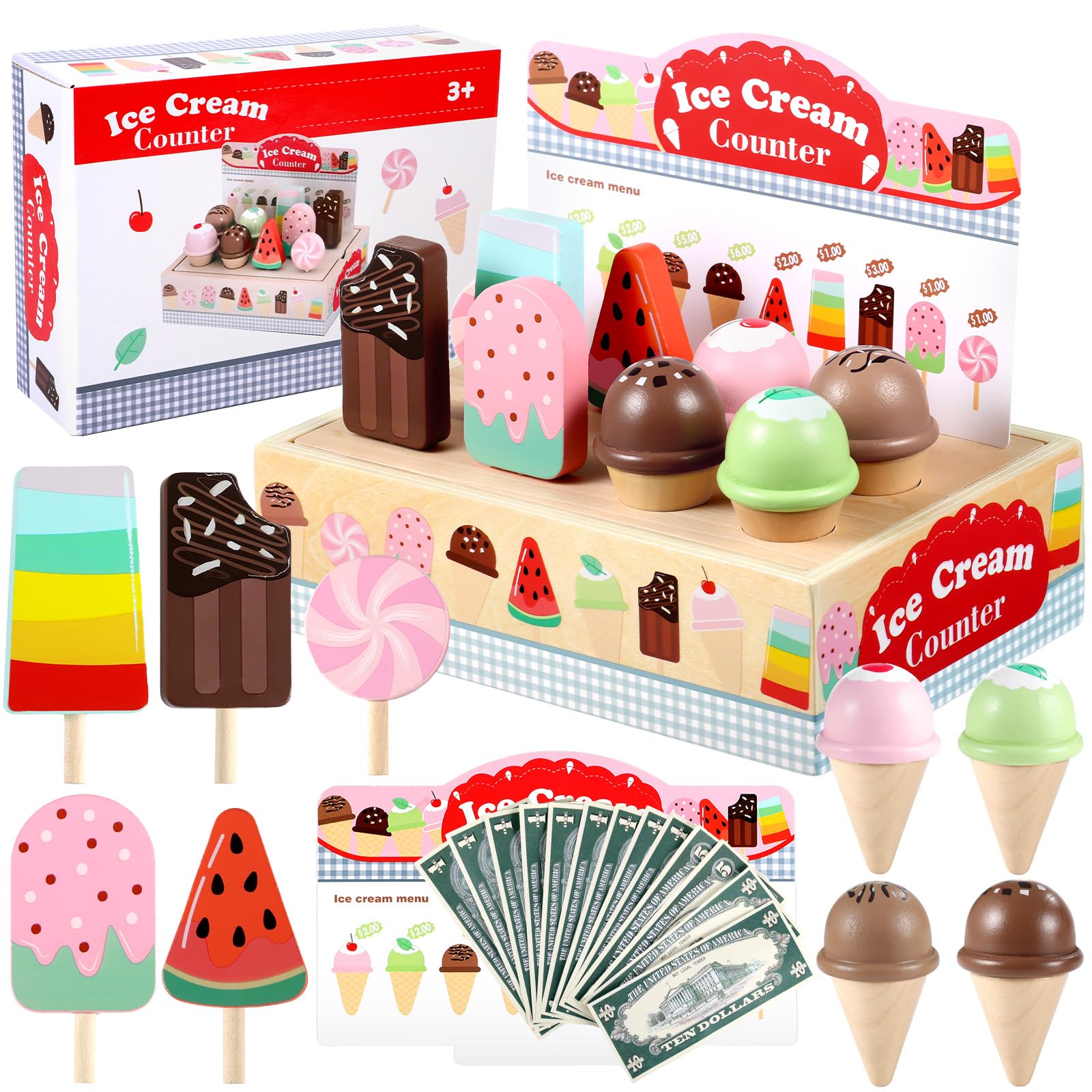 GAGAKU Wooden Ice Cream Set - 26 PCS Pretend Play Toys for Kids 3-8, Ice Cream Shop Role Play with Play Money & Menu, Montessori Learning Toy for Fine Motor Skills, for Girls & Boys