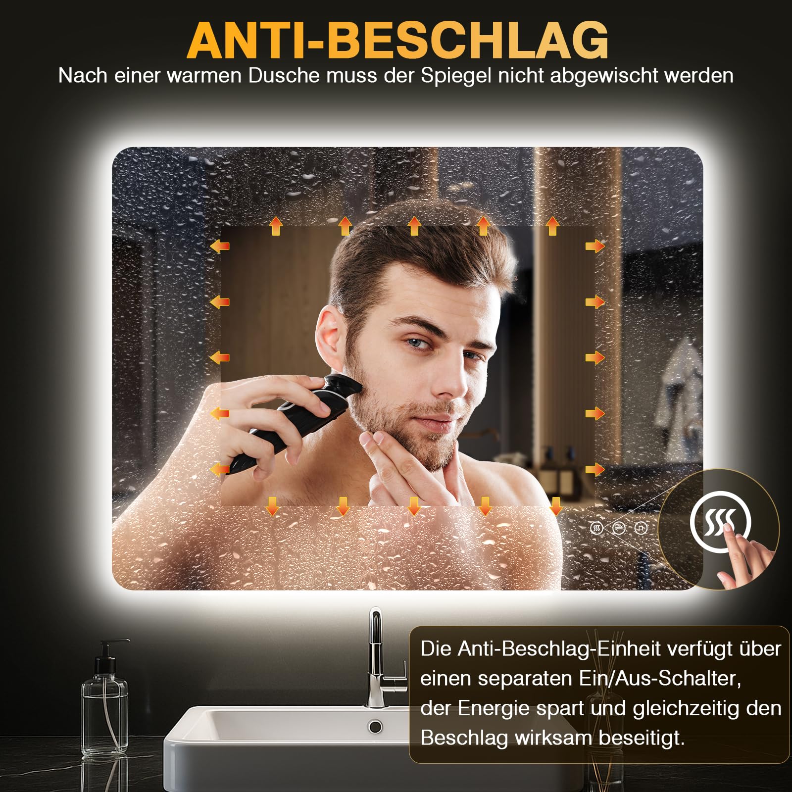 Badezimmer Spiegel mit Beleuchtung 100x60cm, LED Bad Spiegel mit licht, Antibeschlag, 3 Lichtfarben, Dimmbar, Rechteckig Badezimmerspiegel mit Touch-Schalter, Speicherfunktion, IP44