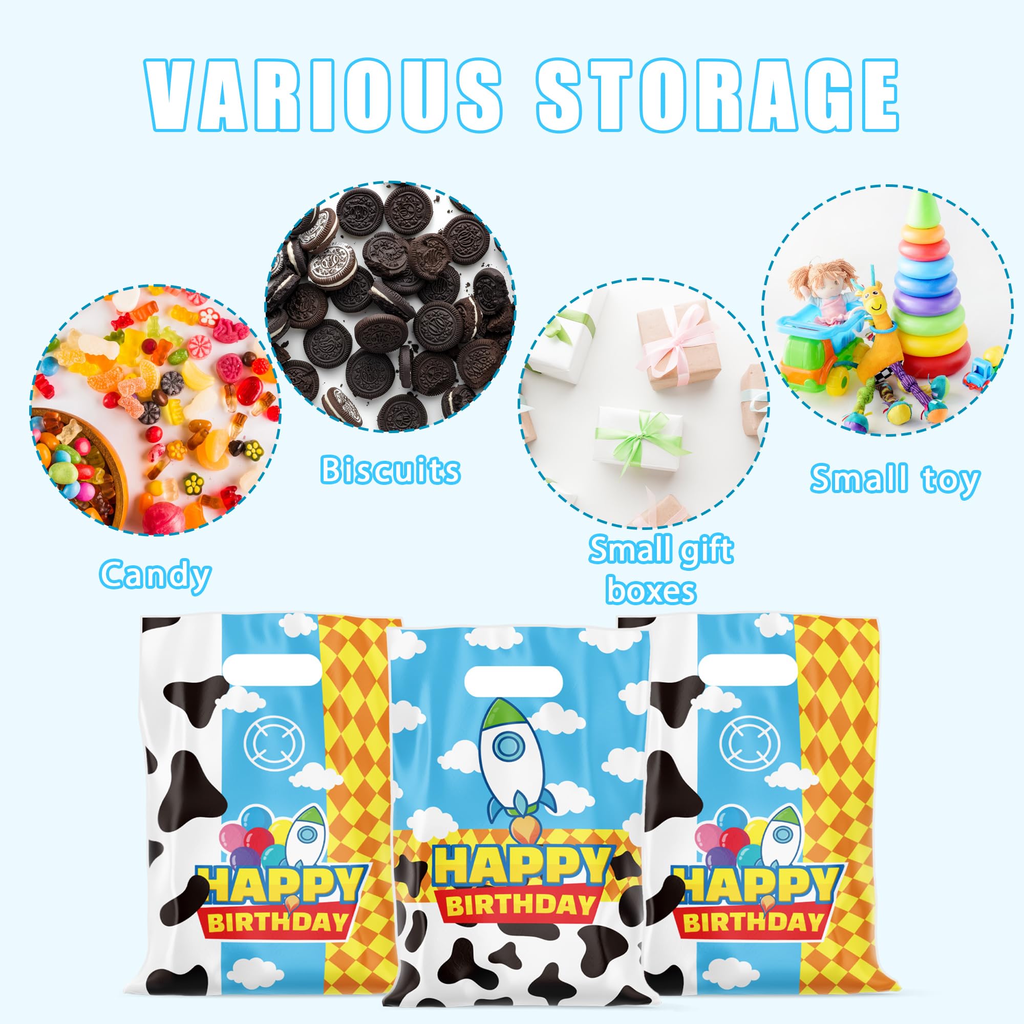 CHENRINDECO 50Pcs Cartoon Story Goodie Bags Cow Pattern Birthday Party Favor Bags Blue Sky White Cloud Plastic Bags with Handle for Toy Themed Birthday Party Supplies