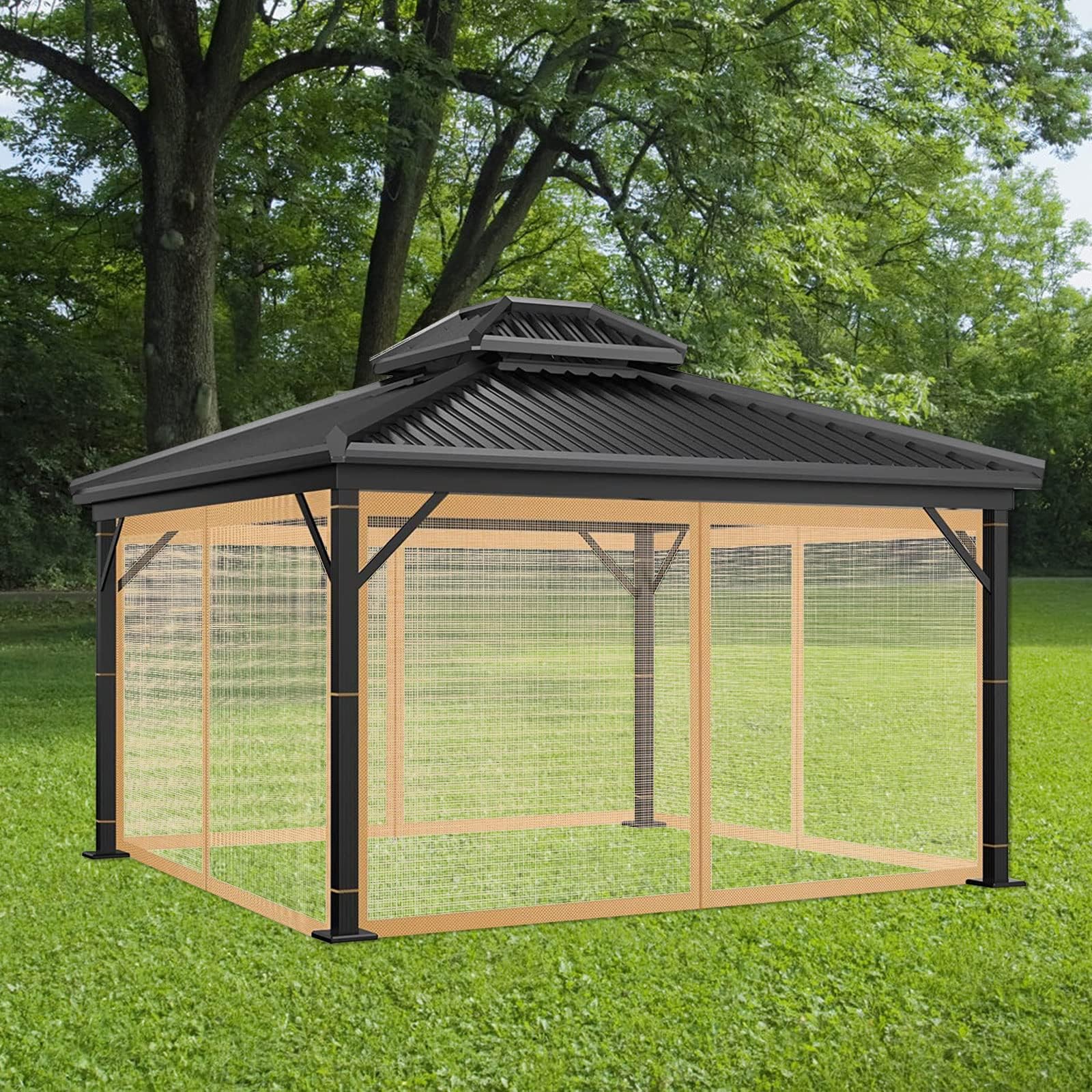 Jianyana 4 Pannelli Laterali Zanzariere per Gazebo con 8-Sacchetto Portante, 300×300CM Tende Zanzariera di Ricambio Universale con Cerniera （Marrone）