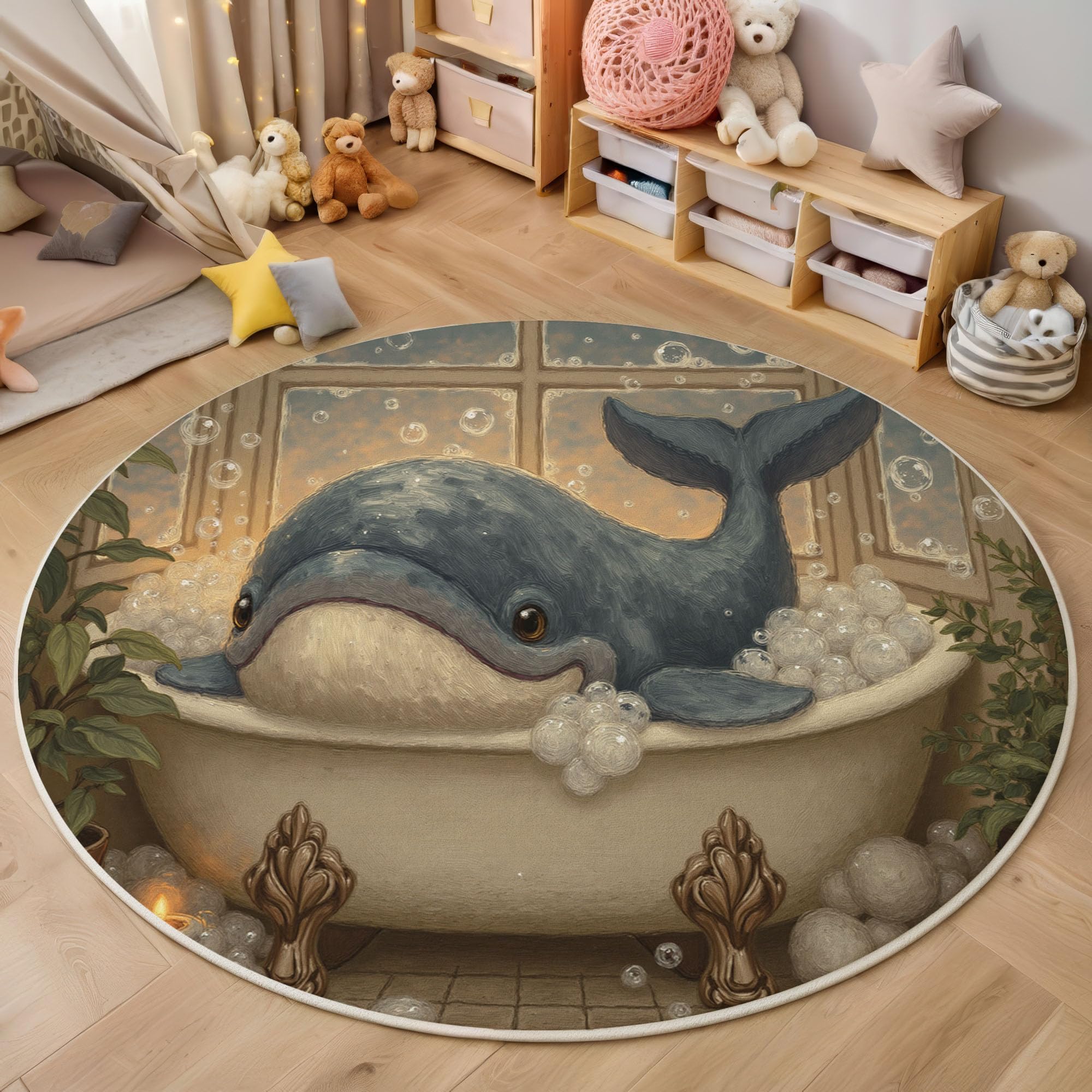 Tapis rond baleine 180 cm antidérapant et lavable pour décoration chambre enfant