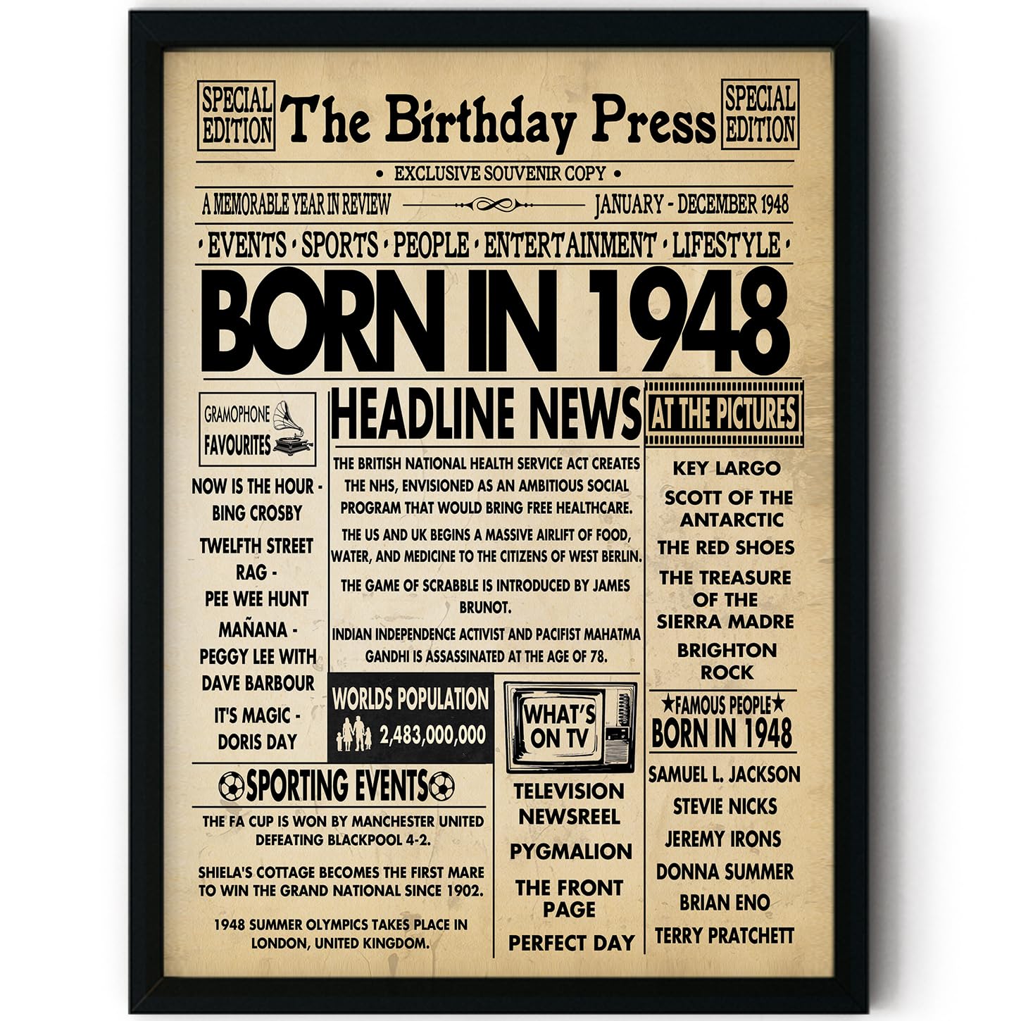 Stuff4 Women's 1948 78Th Birthday Poster Framed, Born In Newspaper