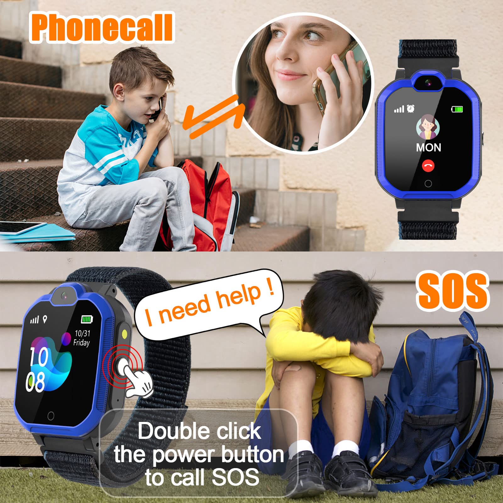 PTHTECHUS Montre Connectée Enfant 4G, Montre GPS Enfant avec Appel, Chat Vocal et Vidéo, Alarme, SOS, Appareil Photo, Podomètre, Mode Classe, WiFi, Music Watch pour 4-12 Garçons Filles